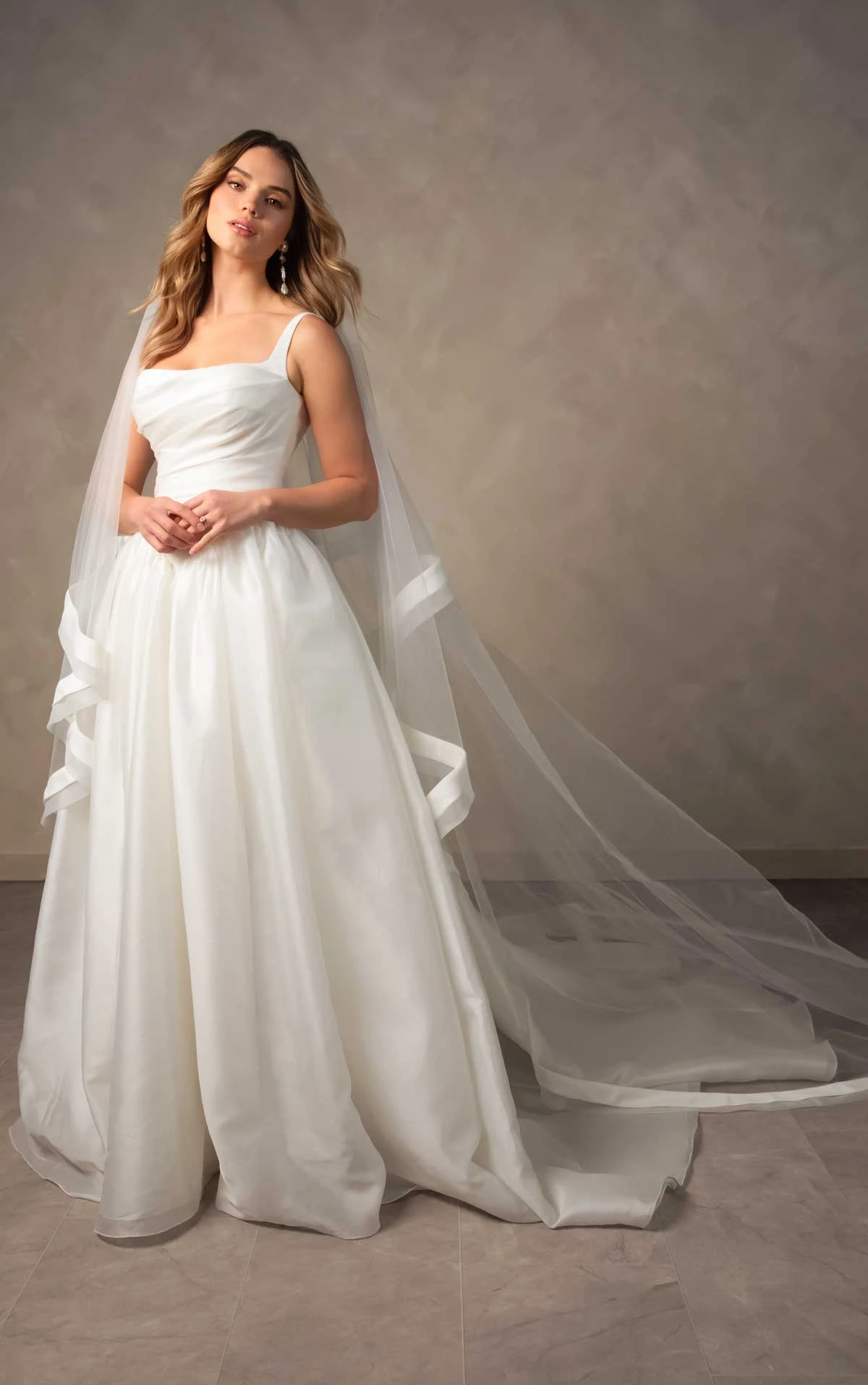 d4484 Modern Square Neckline A-Line Wedding Dress with Draped Bodice and Baque Waist by Essense of Australia