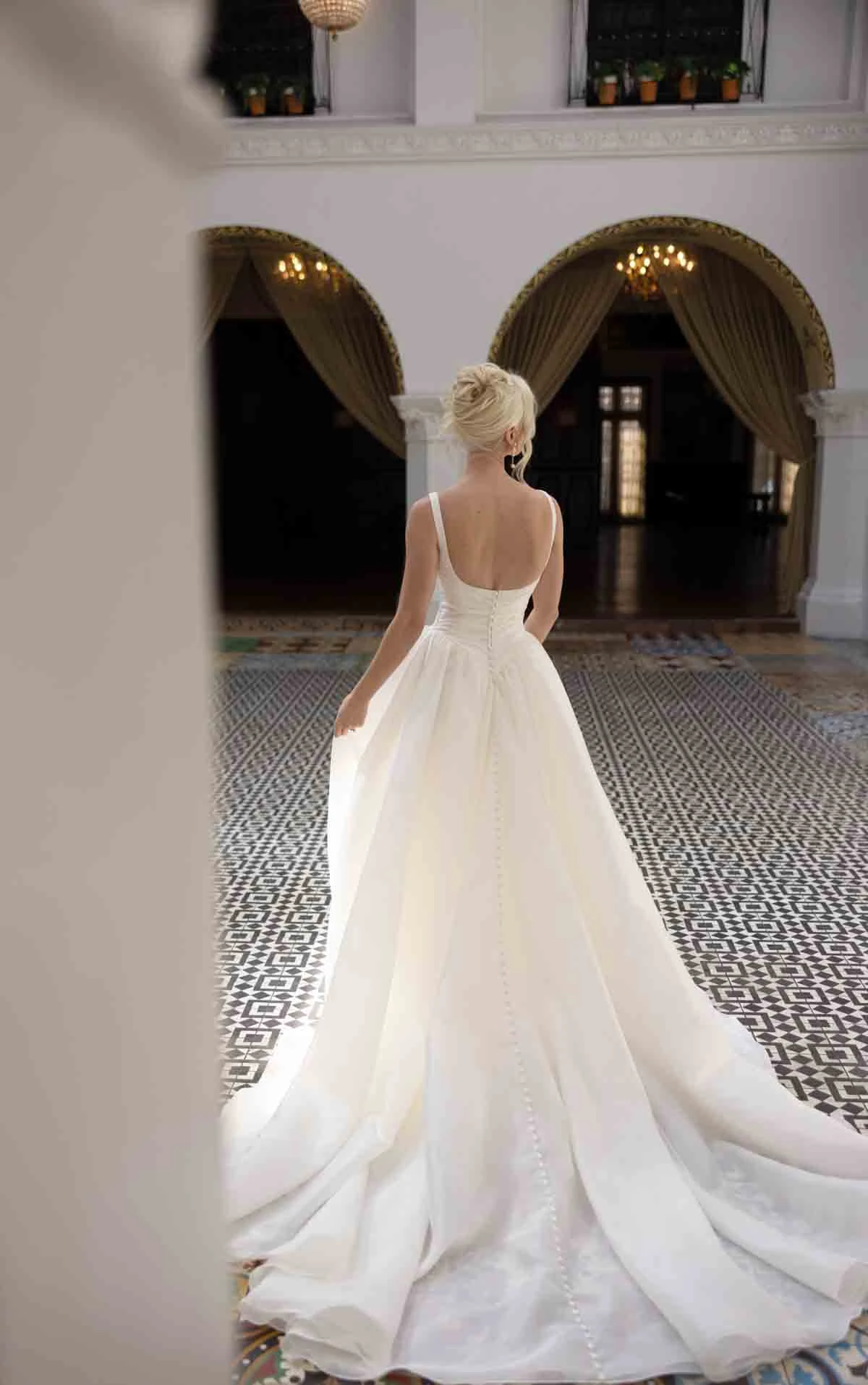 d4484 Modern Square Neckline A-Line Wedding Dress with Draped Bodice and Baque Waist by Essense of Australia
