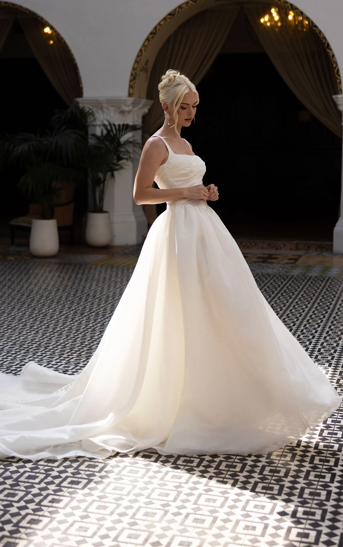 d4484 Modern Square Neckline A-Line Wedding Dress with Draped Bodice and Basque Waist  by Essense of Australia