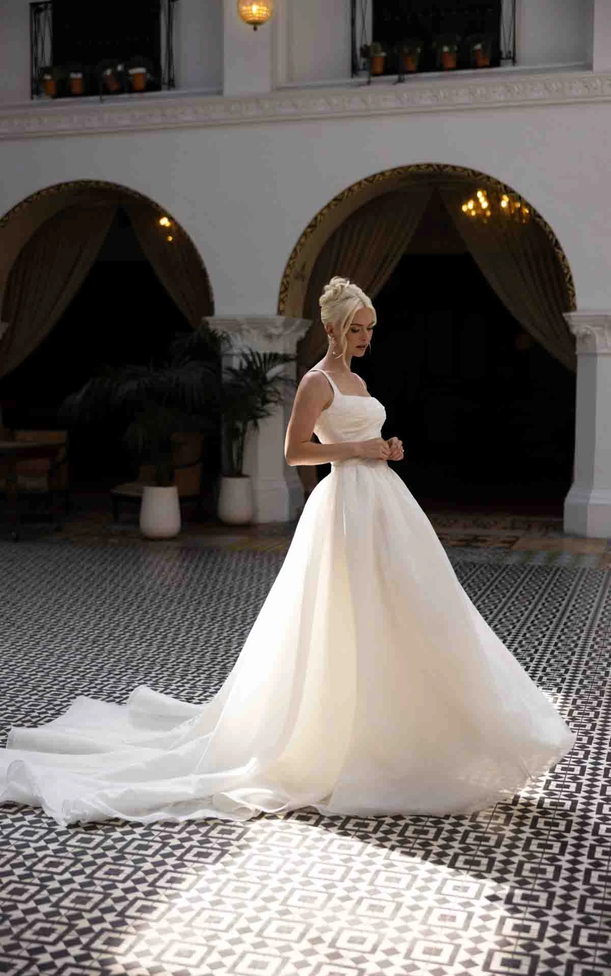d4484 Modern Square Neckline A-Line Wedding Dress with Draped Bodice and Baque Waist by Essense of Australia