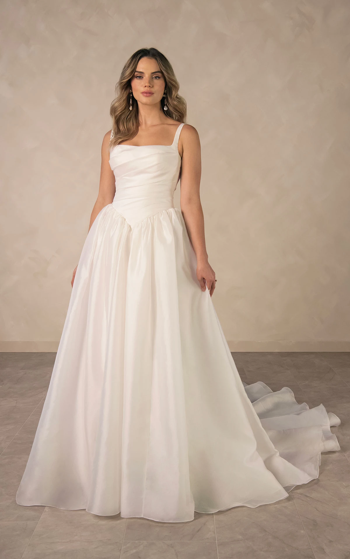 d4484 Modern Square Neckline A-Line Wedding Dress with Draped Bodice and Basque Waist  by Essense of Australia