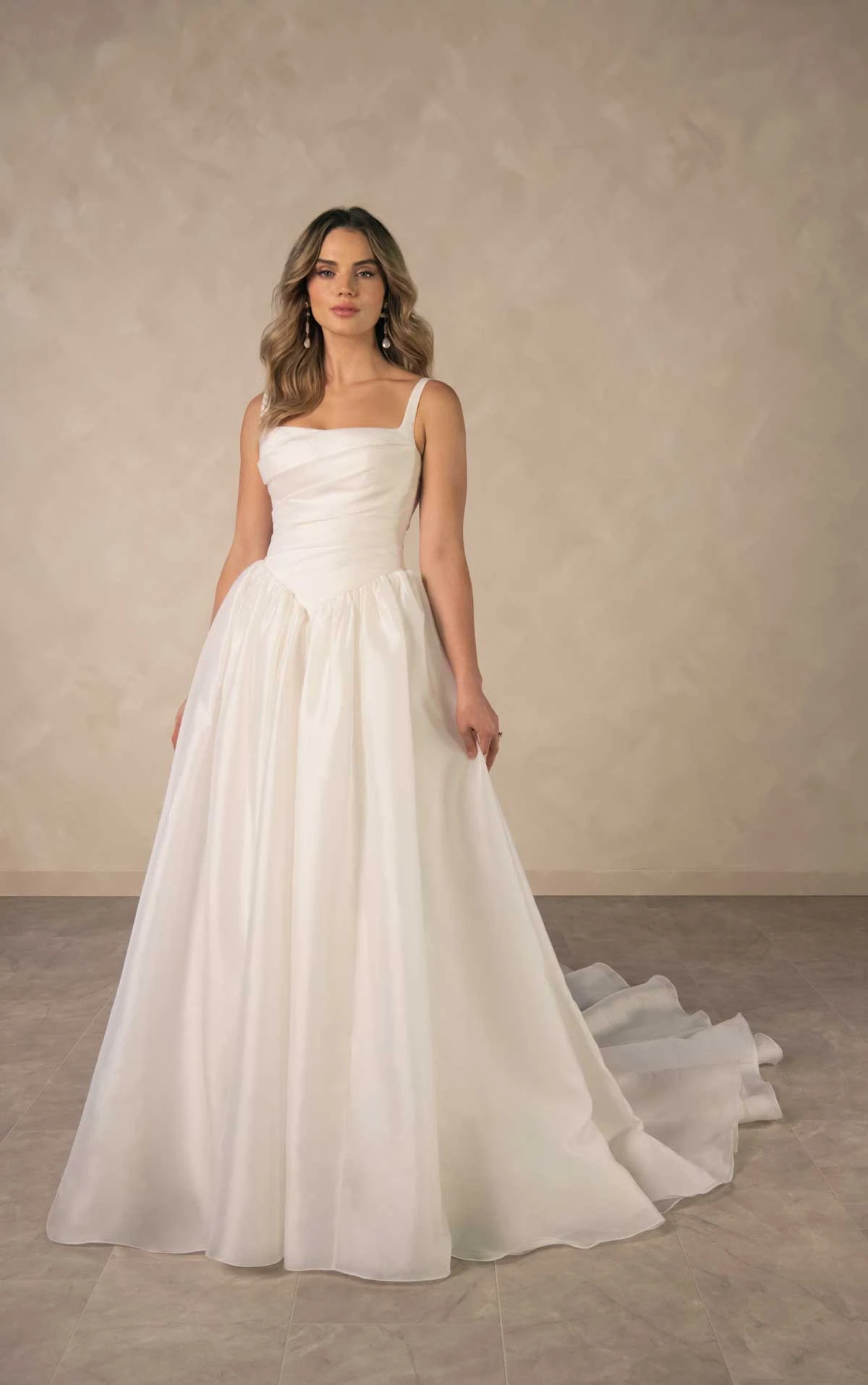 d4484 Modern Square Neckline A-Line Wedding Dress with Draped Bodice and Baque Waist by Essense of Australia