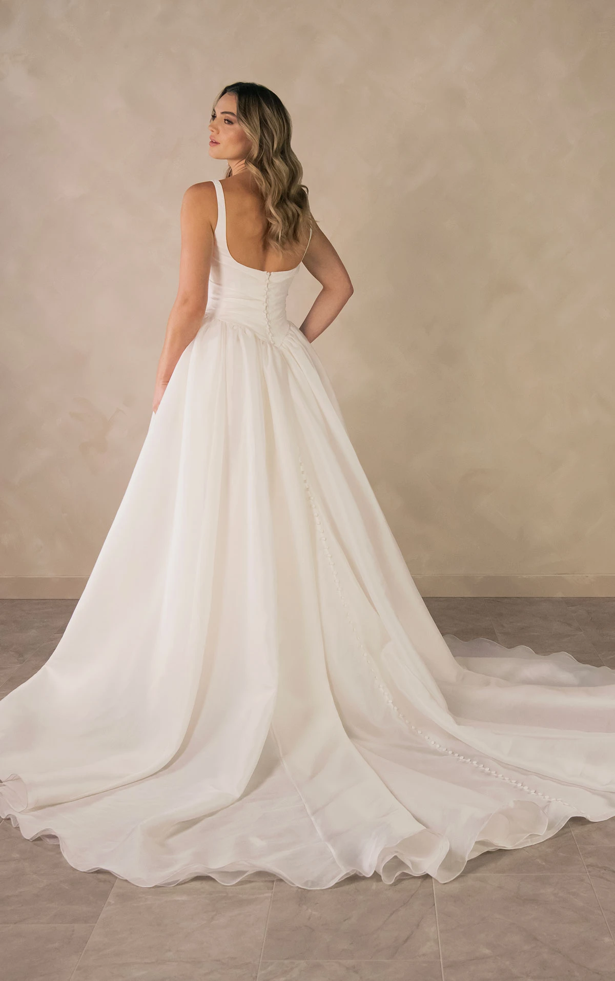 d4484 Modern Square Neckline A-Line Wedding Dress with Draped Bodice and Basque Waist  by Essense of Australia