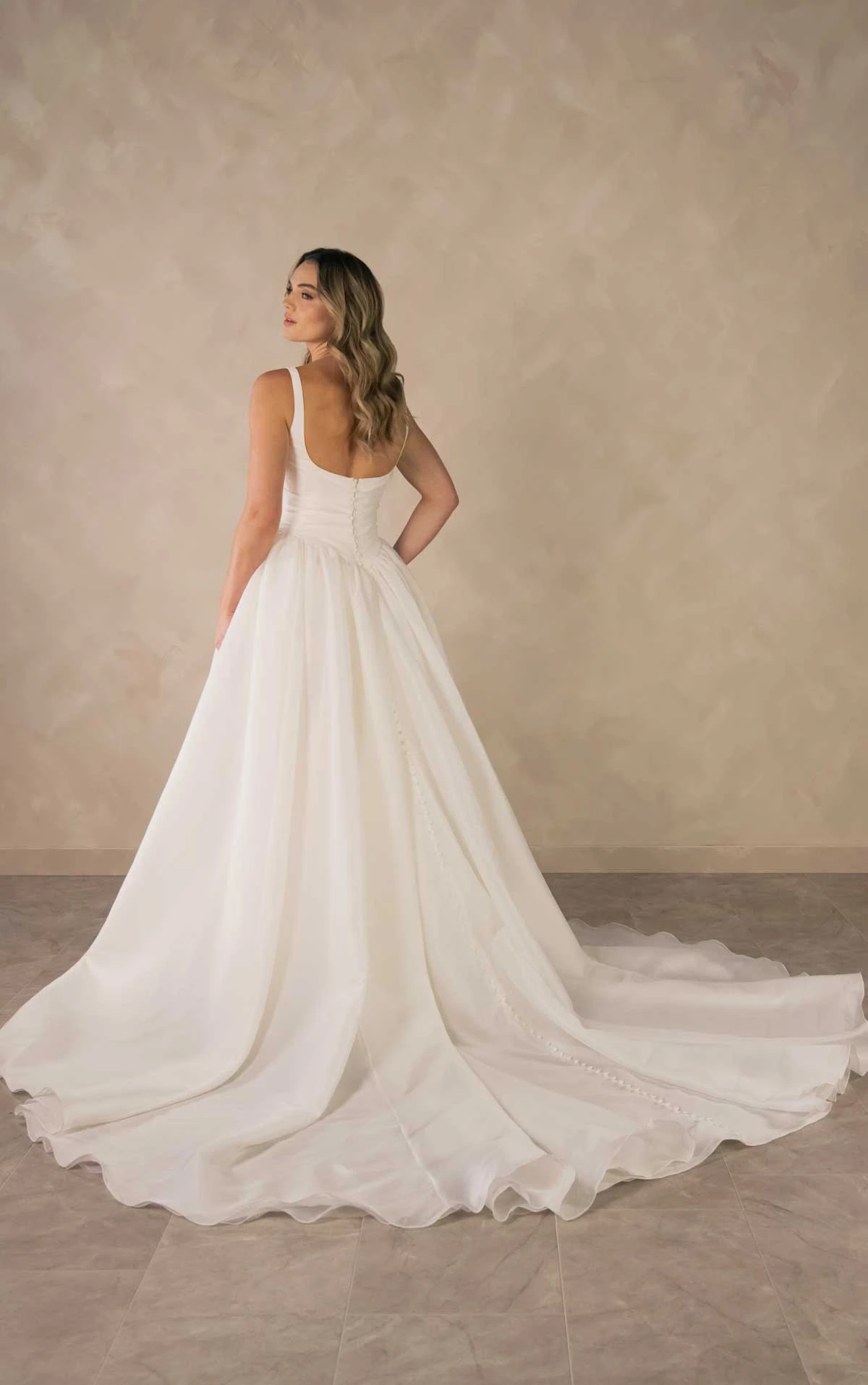 d4484 Modern Square Neckline A-Line Wedding Dress with Draped Bodice and Baque Waist by Essense of Australia