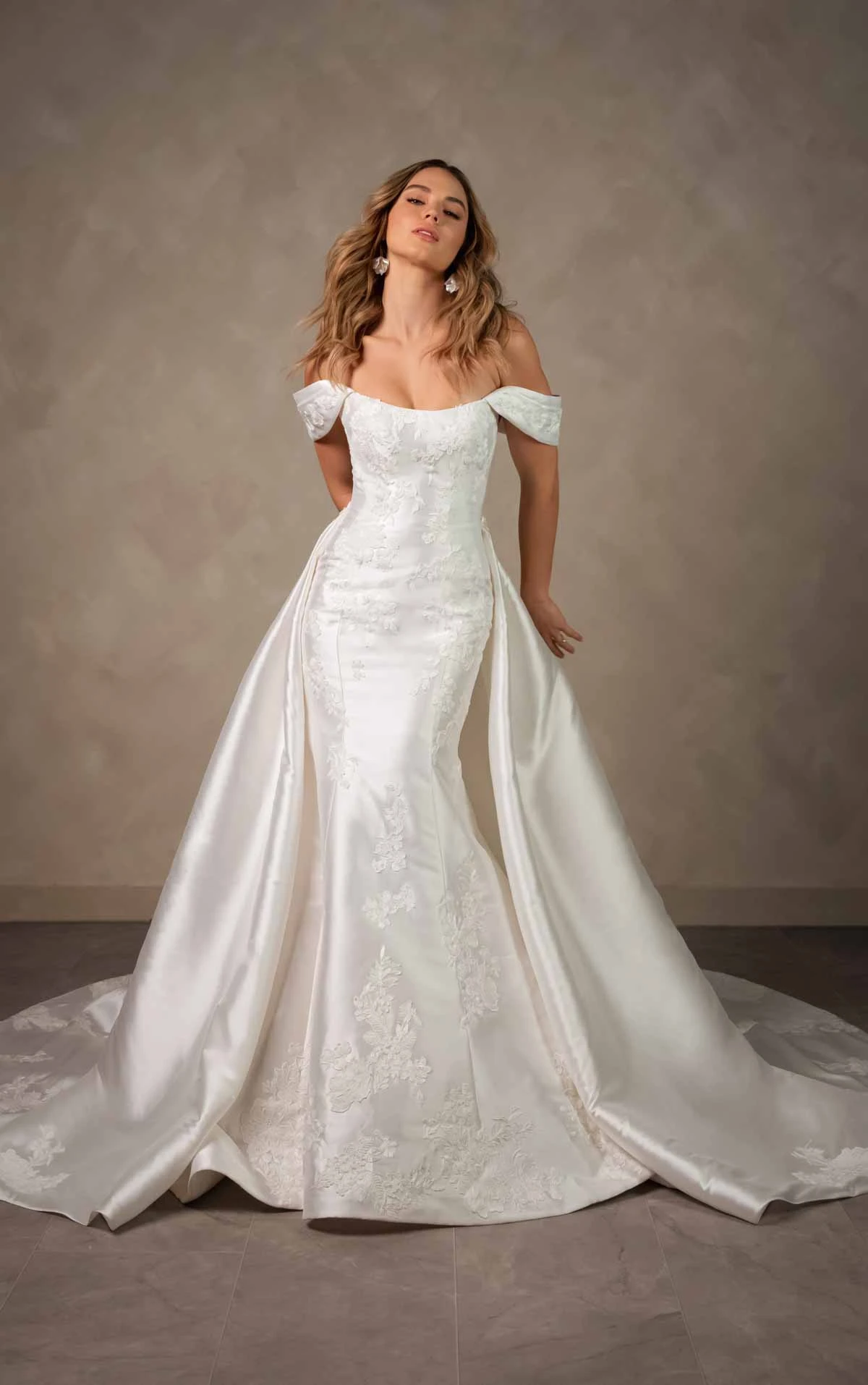 d4493 Elegant Matte Lace and Mikado Fit-and-Flare Wedding Dress with Detachable Overskirt by Essense of Australia