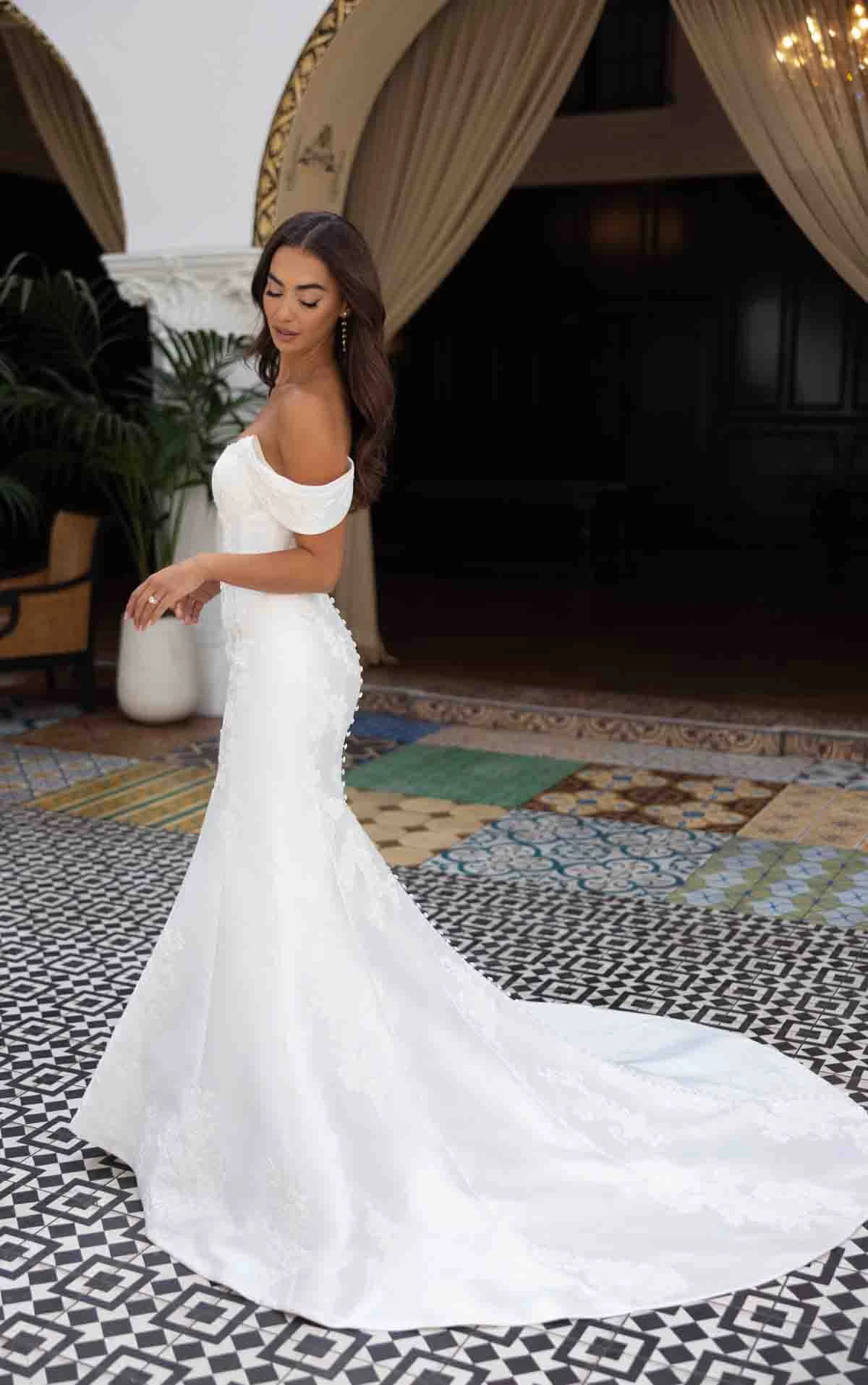 d4493 Elegant Matte Lace and Mikado Fit-and-Flare Wedding Dress with Detachable Overskirt by Essense of Australia