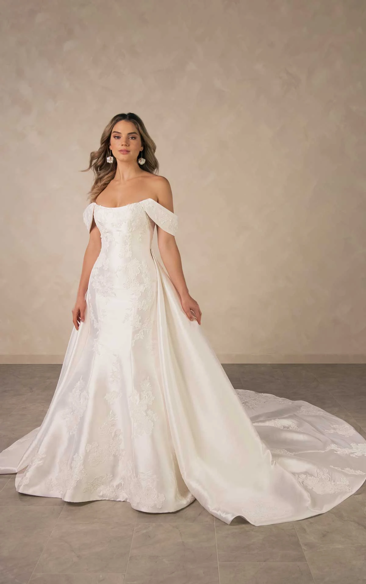 d4493 Elegant Matte Lace and Mikado Fit-and-Flare Wedding Dress with Detachable Overskirt by Essense of Australia