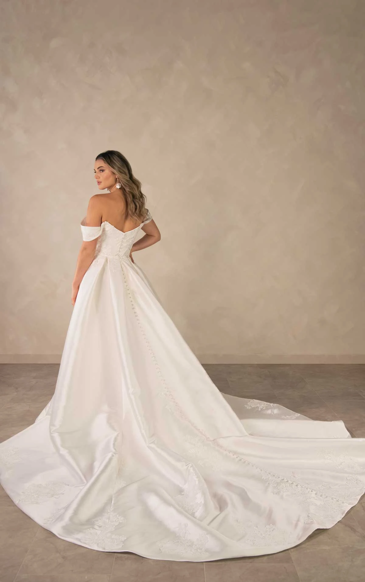 d4493 Elegant Matte Lace and Mikado Fit-and-Flare Wedding Dress with Detachable Overskirt by Essense of Australia