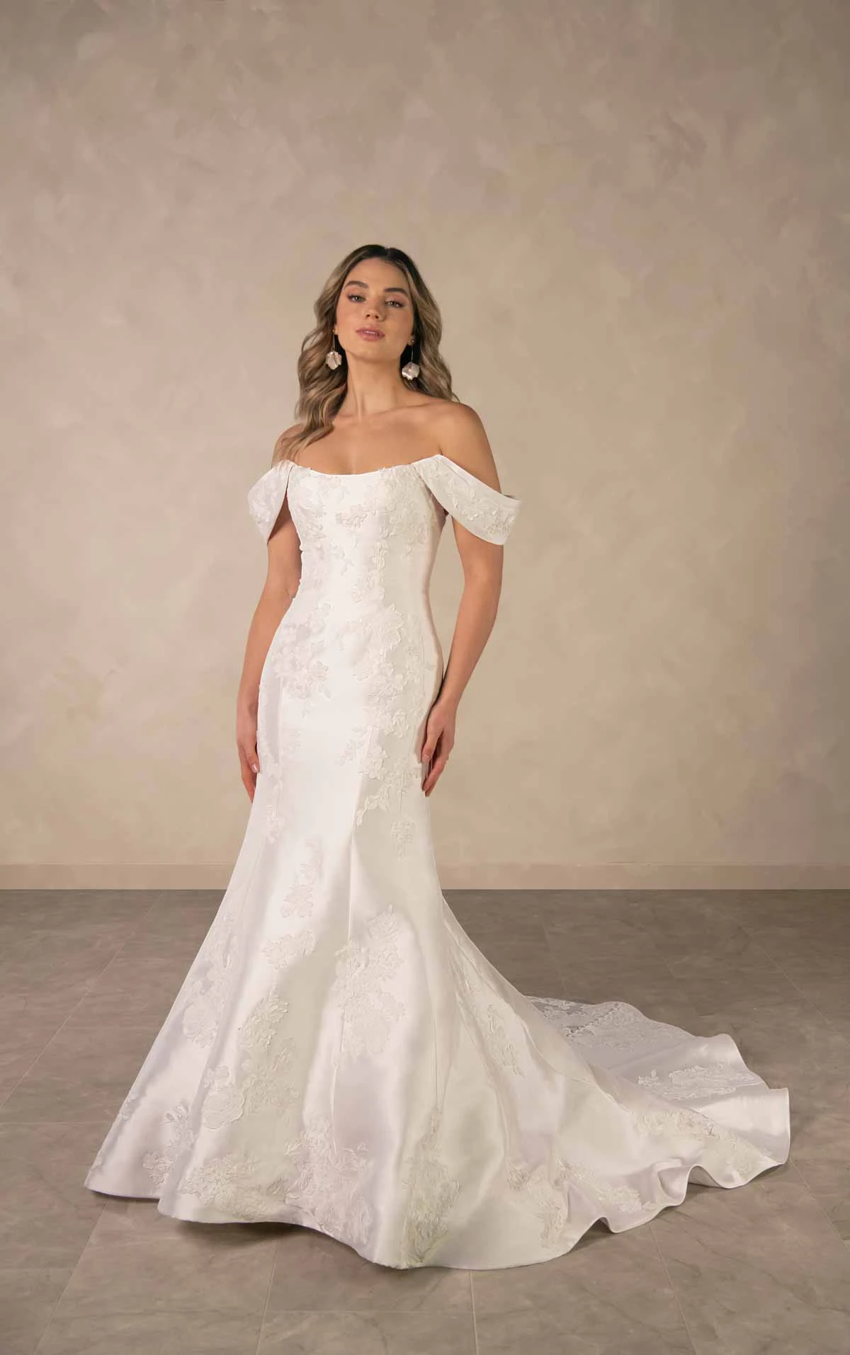 d4493 Elegant Matte Lace and Mikado Fit-and-Flare Wedding Dress with Detachable Overskirt by Essense of Australia
