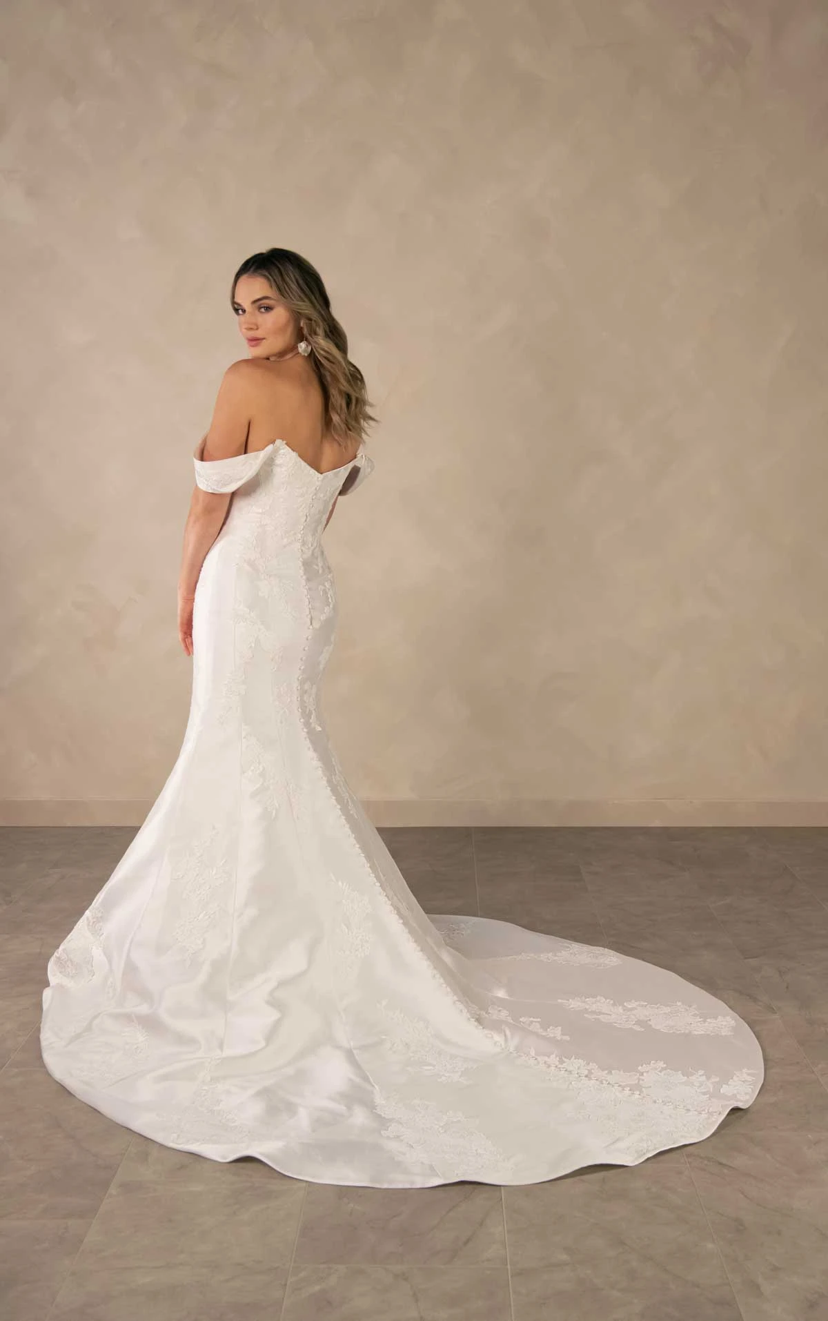d4493 Elegant Matte Lace and Mikado Fit-and-Flare Wedding Dress with Detachable Overskirt by Essense of Australia
