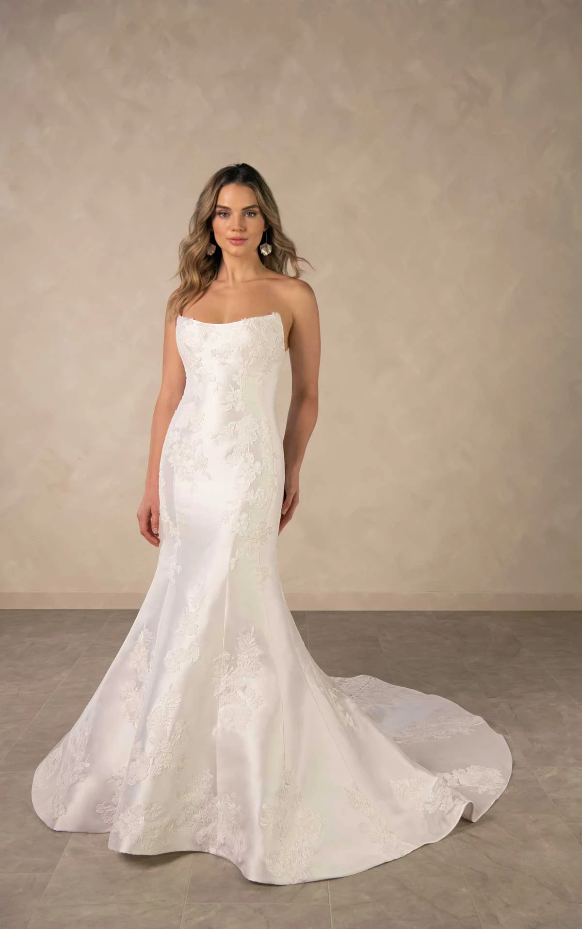d4493 Elegant Matte Lace and Mikado Fit-and-Flare Wedding Dress with Detachable Overskirt by Essense of Australia