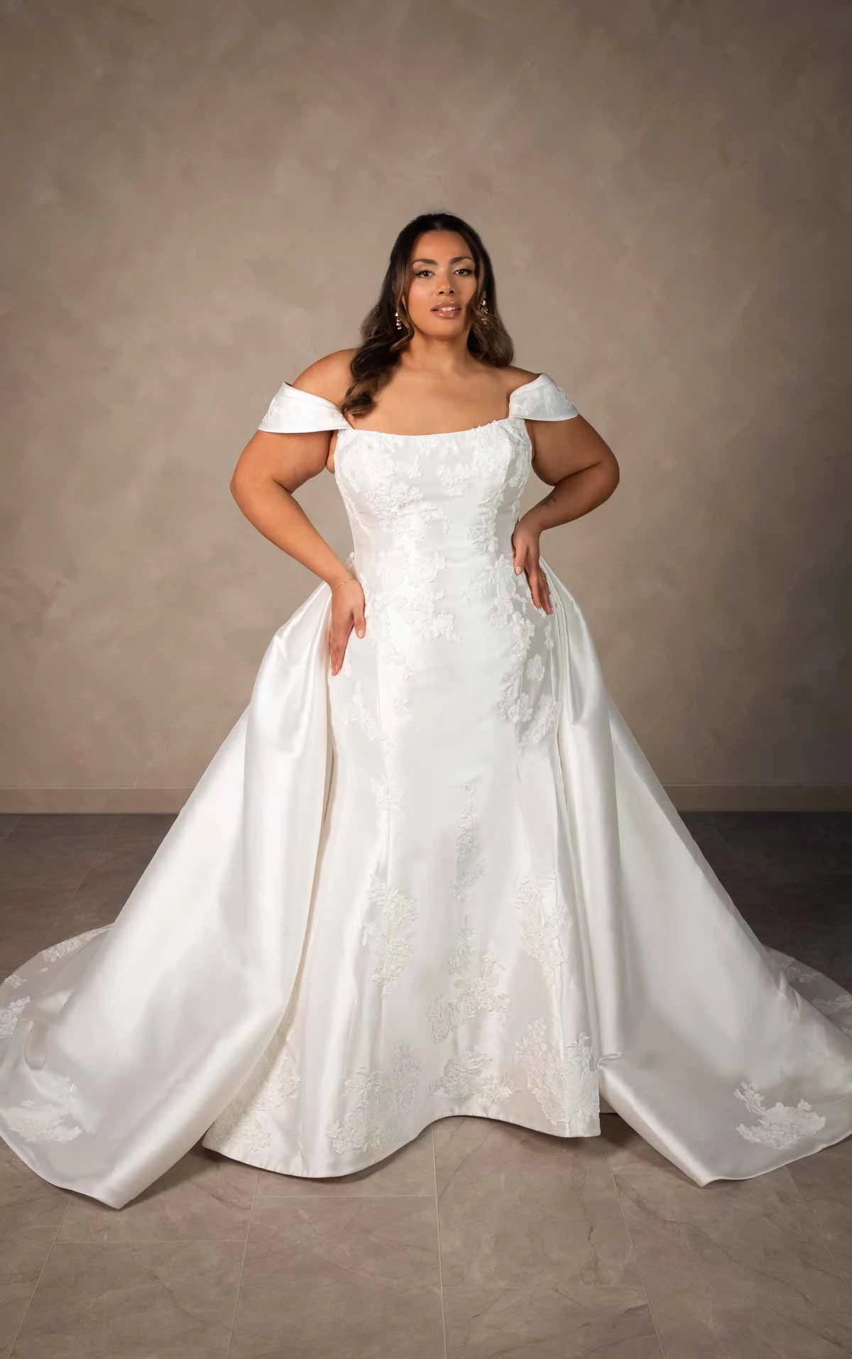 d4493+ Plus Size Elegant Matte Lace and Mikado Fit-and-Flare Wedding Dress with Detachable Overskirt by Essense of Australia