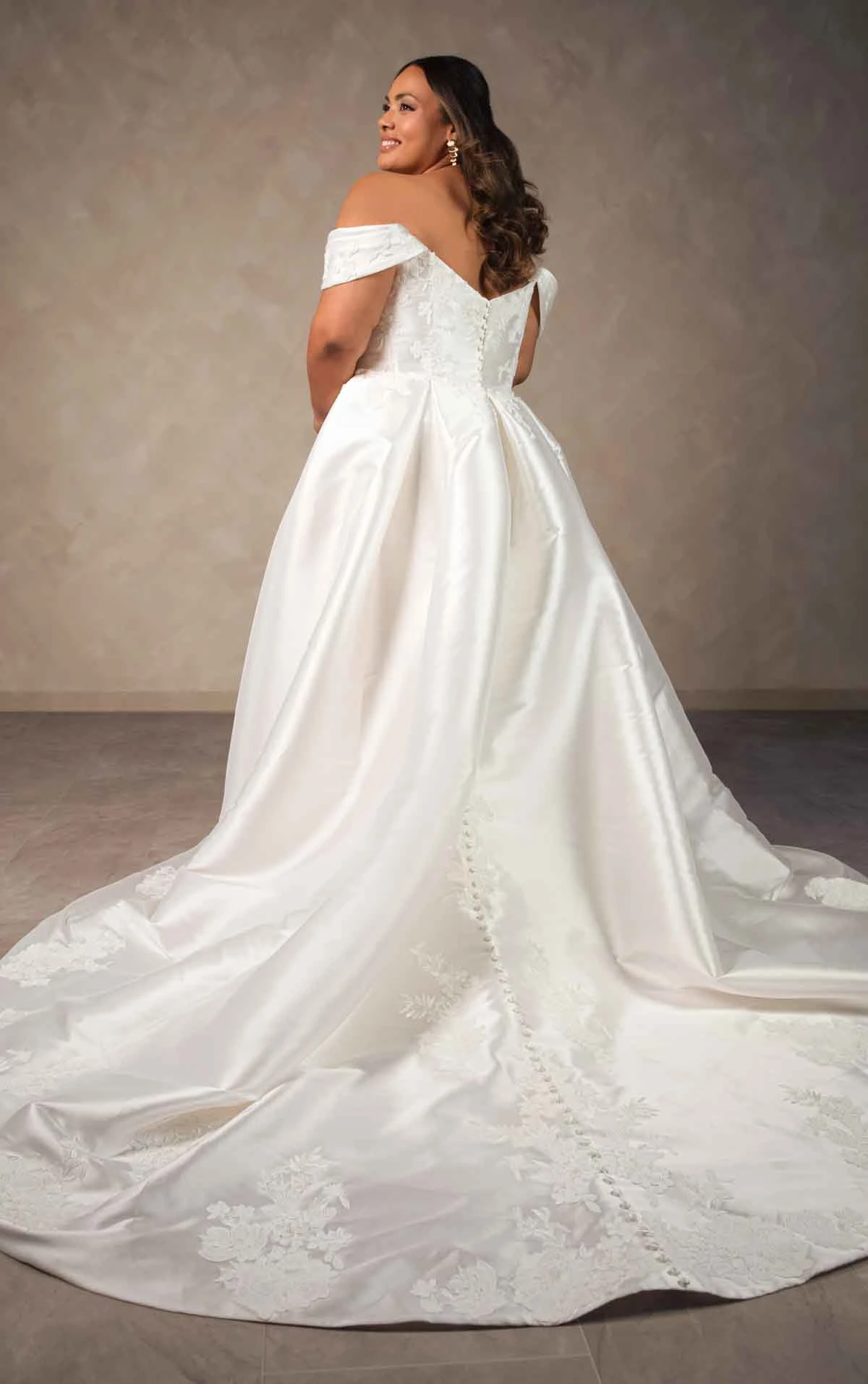 d4493+ Plus Size Elegant Matte Lace and Mikado Fit-and-Flare Wedding Dress with Detachable Overskirt by Essense of Australia