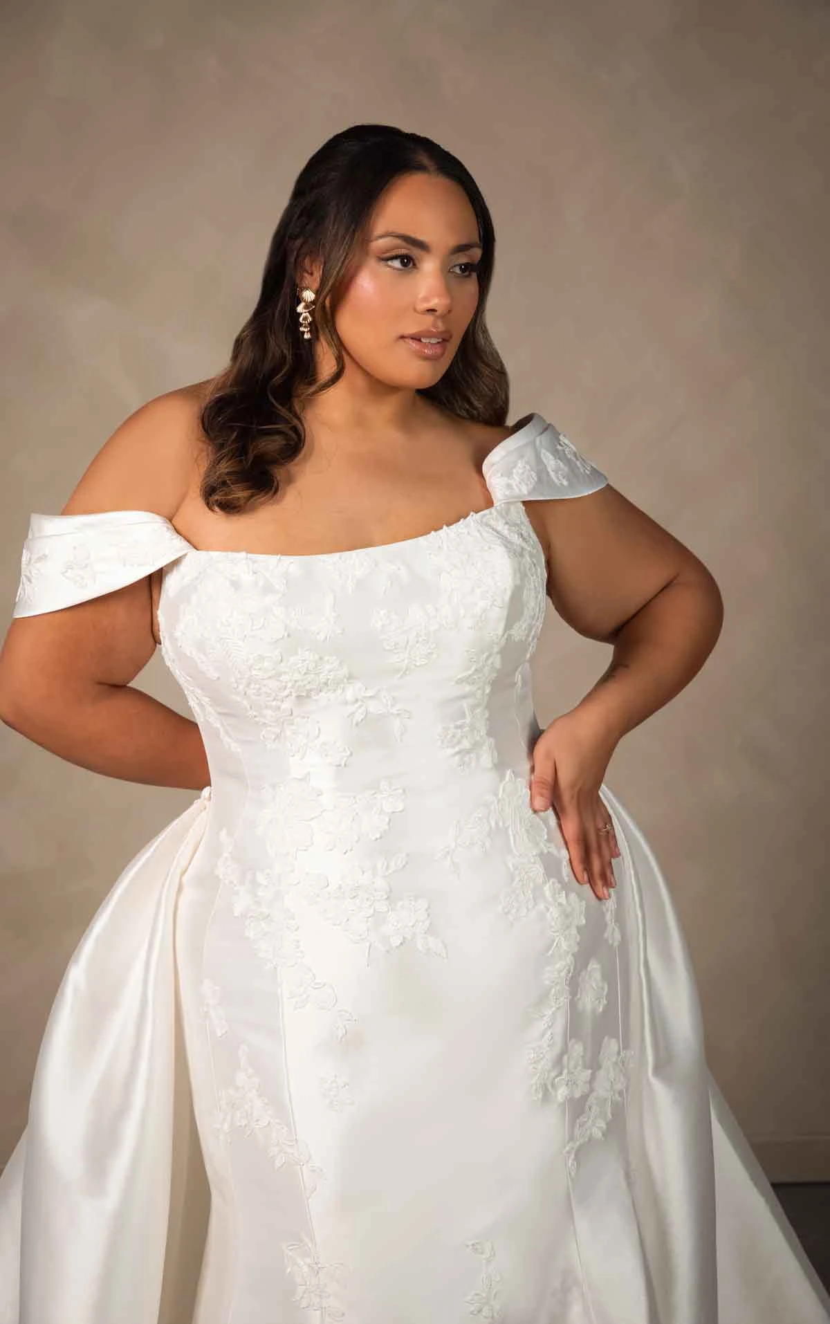 d4493+ Plus Size Elegant Matte Lace and Mikado Fit-and-Flare Wedding Dress with Detachable Overskirt by Essense of Australia