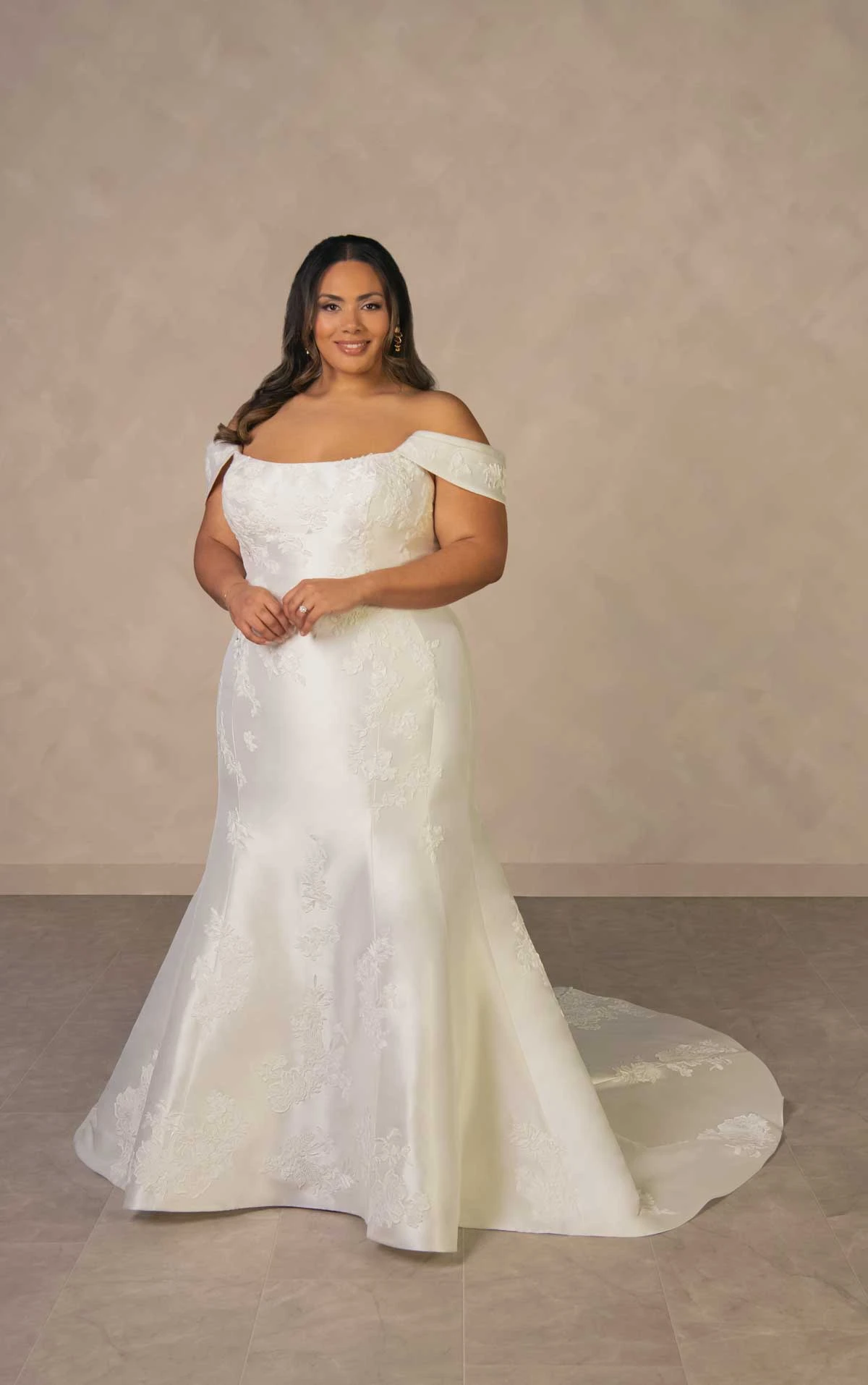 d4493+ Plus Size Elegant Matte Lace and Mikado Fit-and-Flare Wedding Dress with Detachable Overskirt by Essense of Australia
