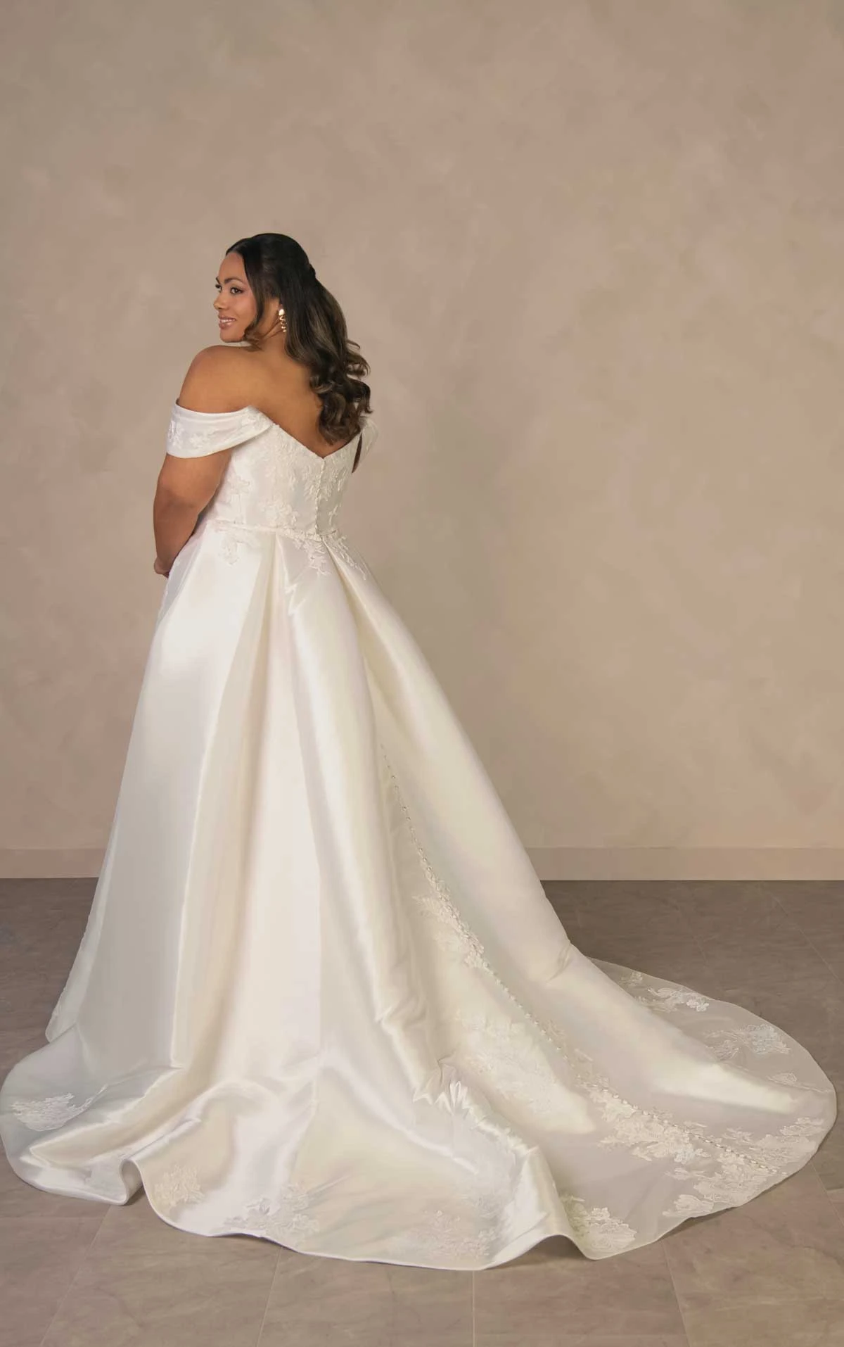 d4493+ Plus Size Elegant Matte Lace and Mikado Fit-and-Flare Wedding Dress with Detachable Overskirt by Essense of Australia