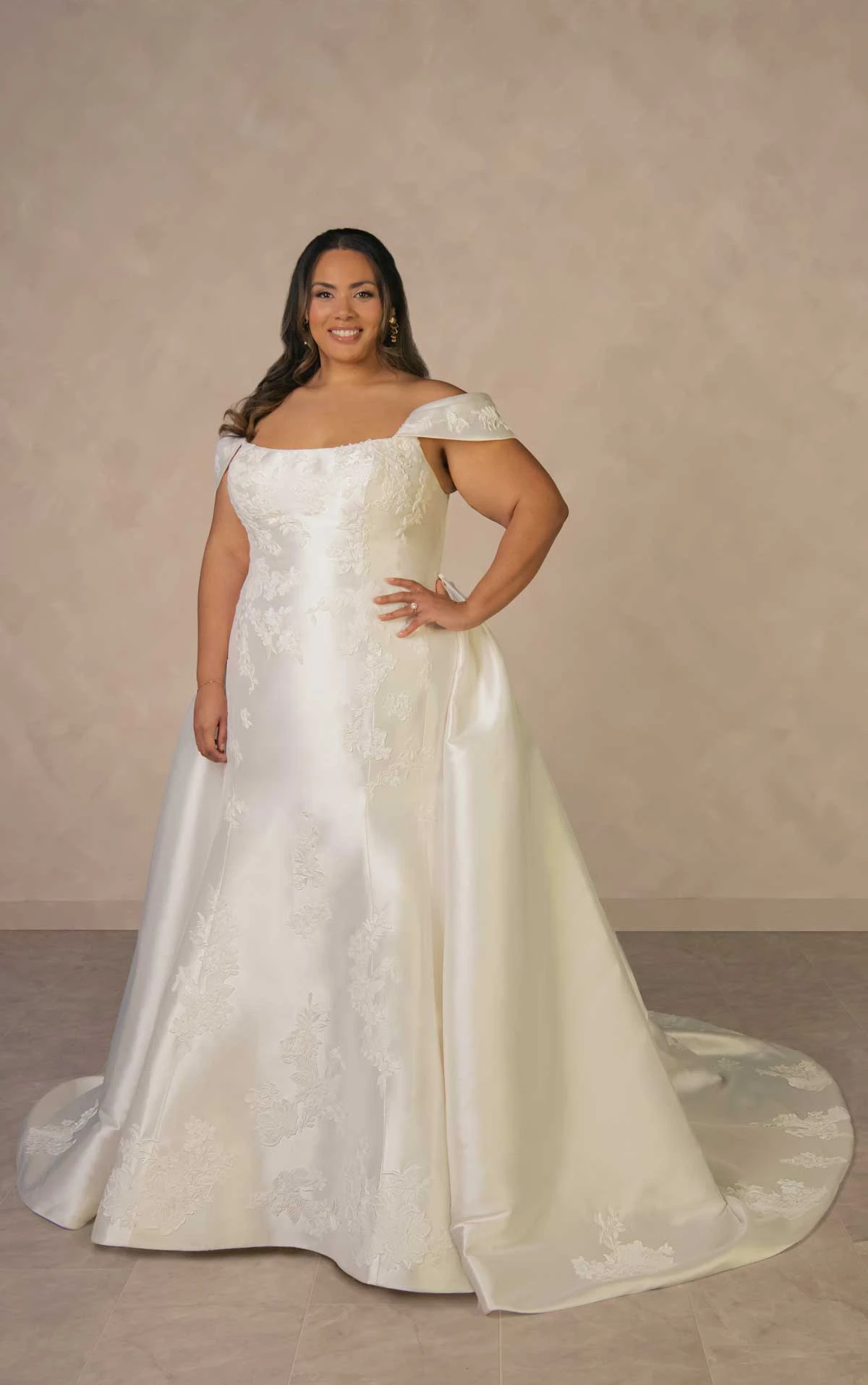 d4493+ Plus Size Elegant Matte Lace and Mikado Fit-and-Flare Wedding Dress with Detachable Overskirt by Essense of Australia