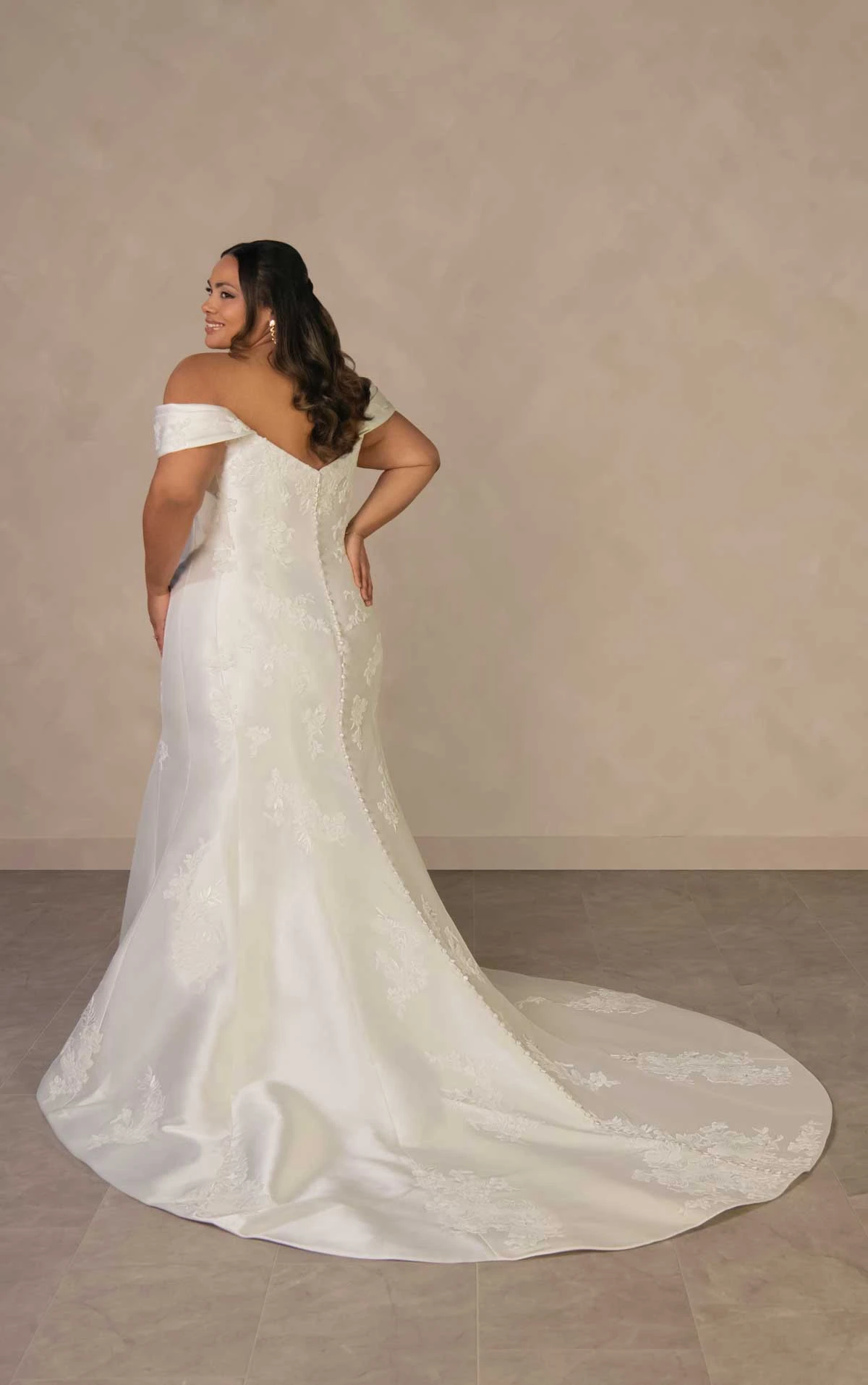 d4493+ Plus Size Elegant Matte Lace and Mikado Fit-and-Flare Wedding Dress with Detachable Overskirt by Essense of Australia