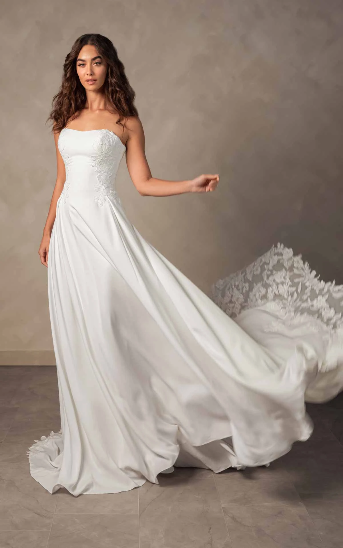 d4504 Minimalist Crepe A-line Wedding Dress with Sheer Lace Corset Back by Essense of Australia