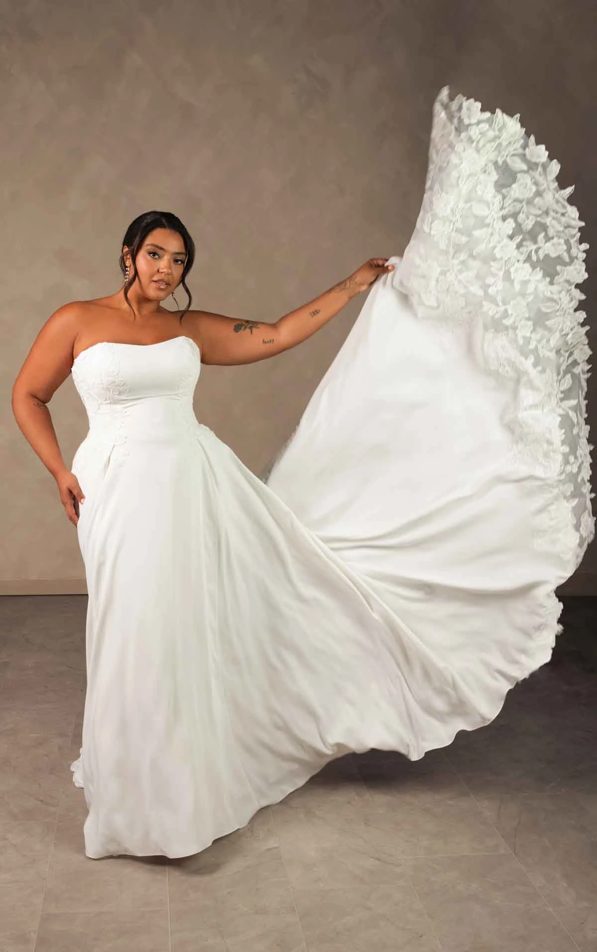 d4504 Minimalist Crepe A-line Wedding Dress with Sheer Lace Corset Back by Essense of Australia