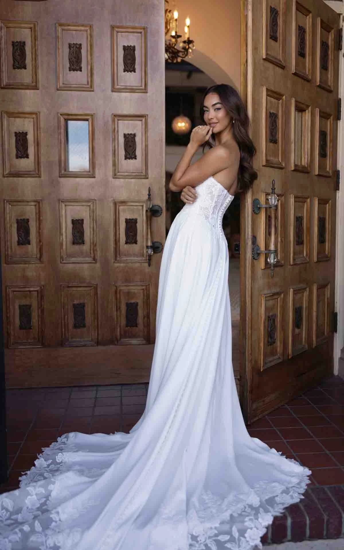 d4504 Minimalist Crepe A-line Wedding Dress with Sheer Lace Corset Back by Essense of Australia