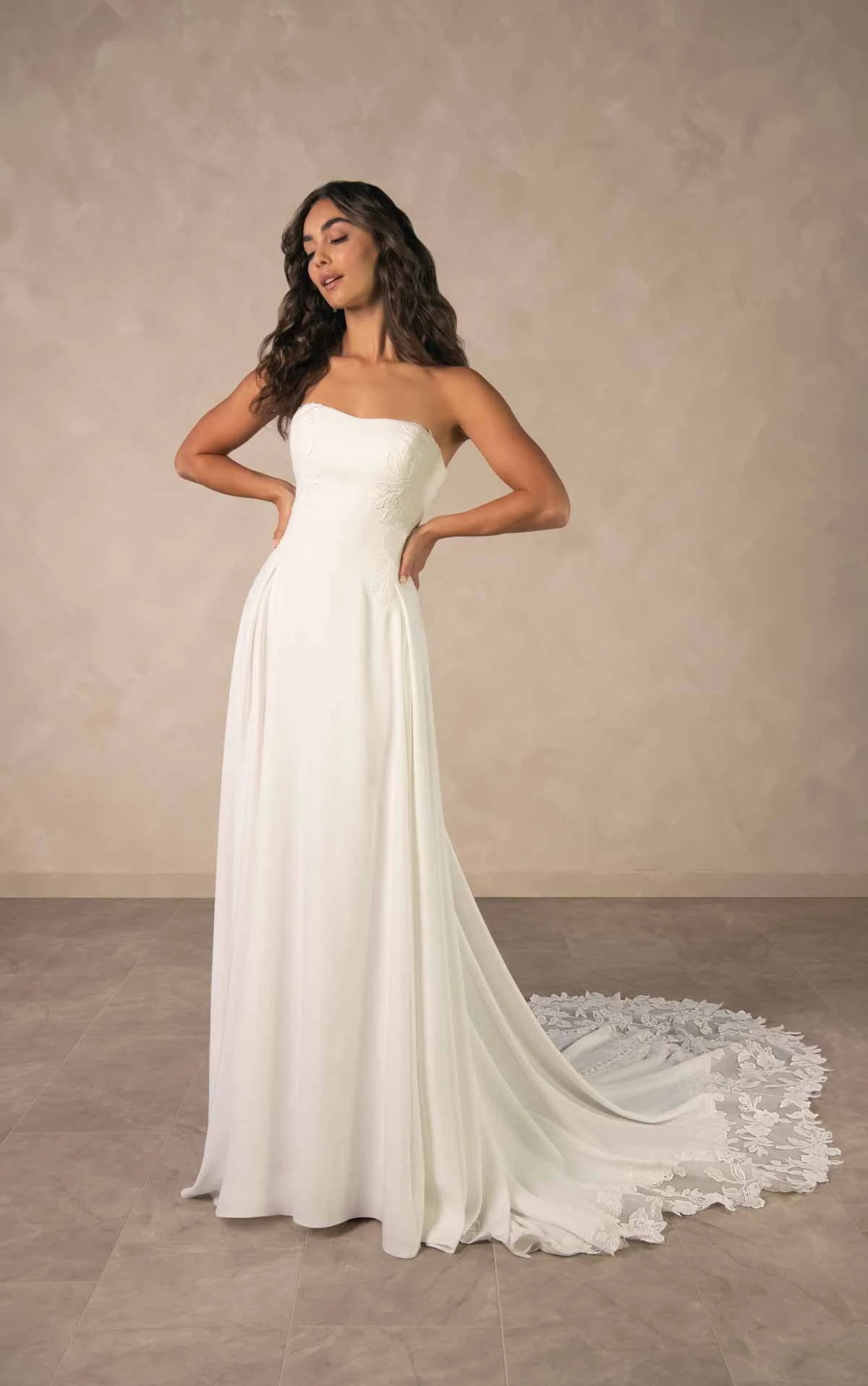 d4504 Minimalist Crepe A-line Wedding Dress with Sheer Lace Corset Back by Essense of Australia