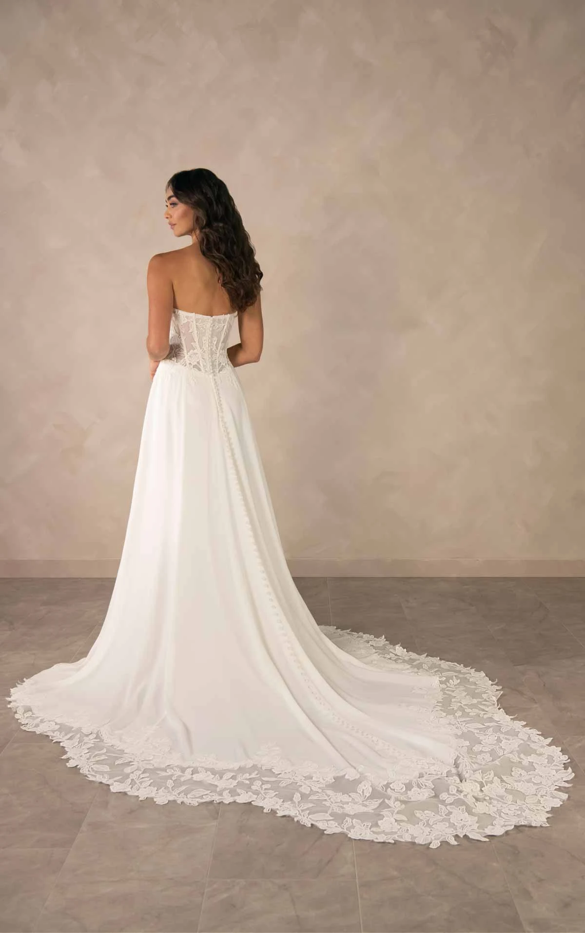 d4504 Minimalist Crepe A-line Wedding Dress with Sheer Lace Corset Back by Essense of Australia