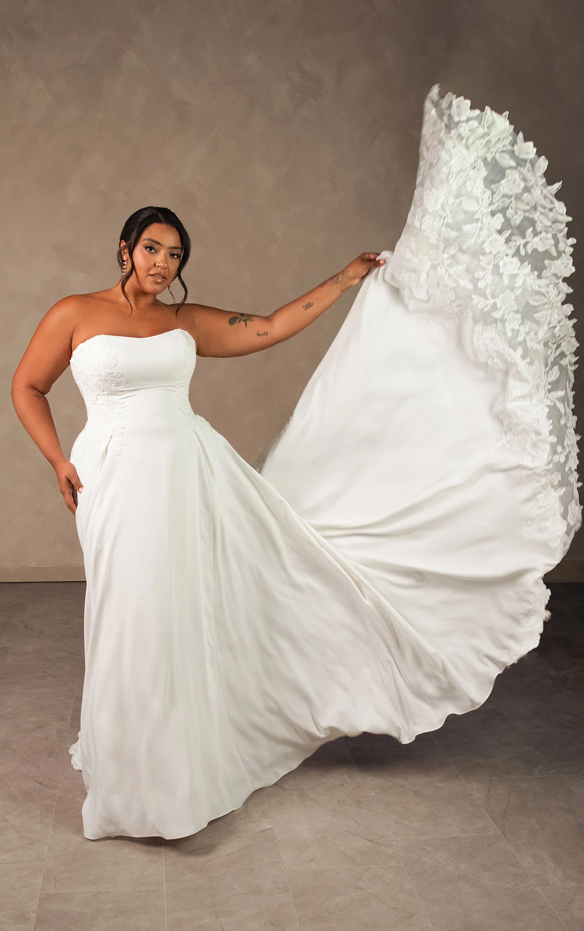 d4504+ Plus Size Minimalist Crepe A-line Wedding Dress with Sheer Lace Corset Back  by Essense of Australia