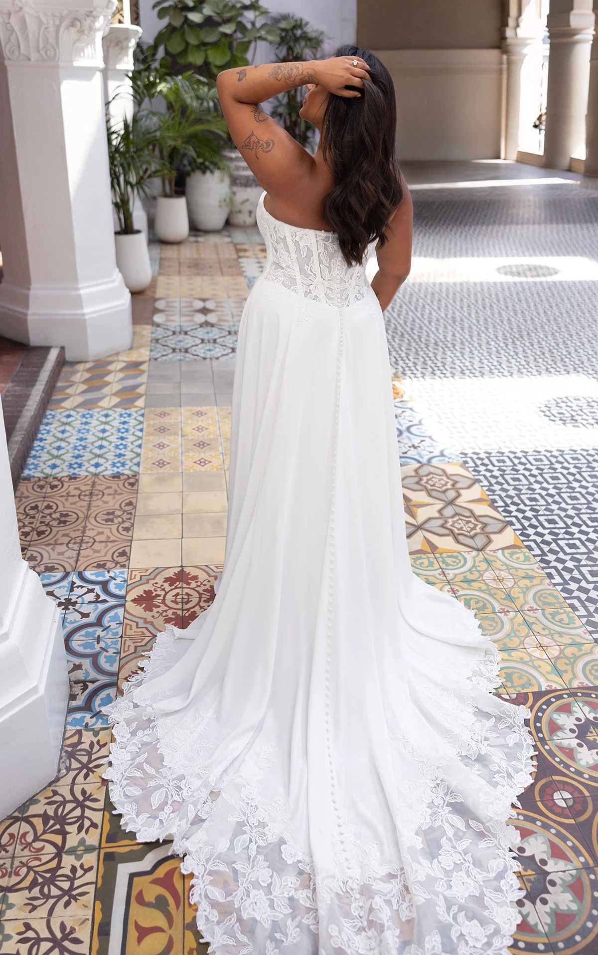 d4504+ Plus Size Minimalist Crepe A-line Wedding Dress with Sheer Lace Corset Back  by Essense of Australia