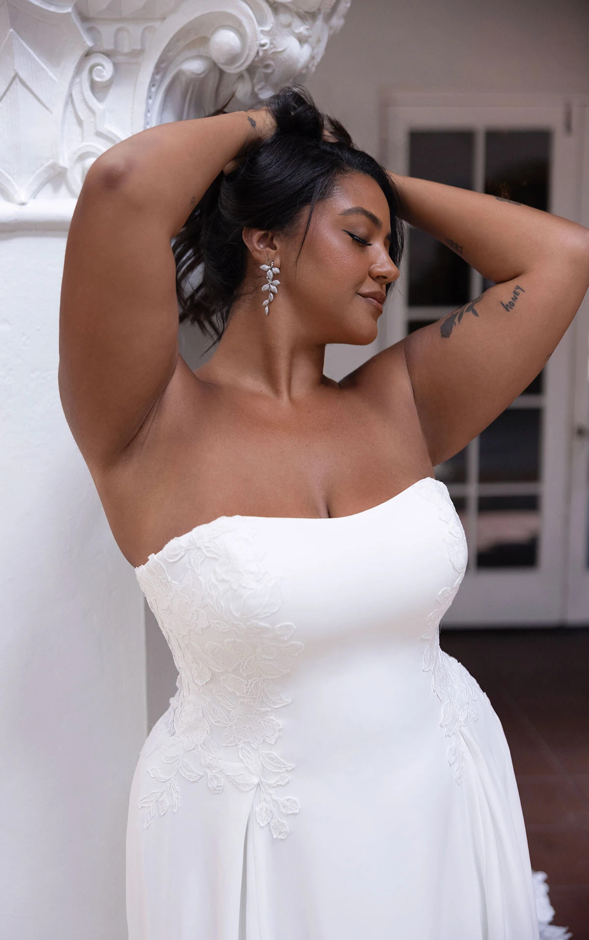 d4504+ Plus Size Minimalist Crepe A-line Wedding Dress with Sheer Lace Corset Back  by Essense of Australia