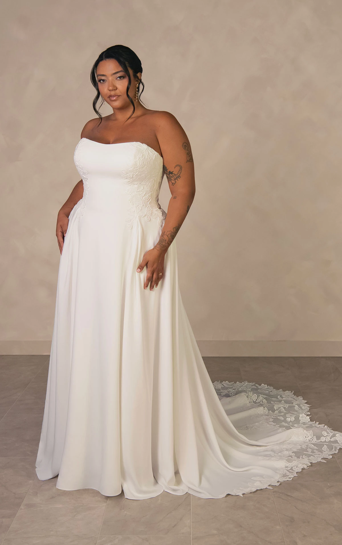 d4504+ Plus Size Minimalist Crepe A-line Wedding Dress with Sheer Lace Corset Back  by Essense of Australia