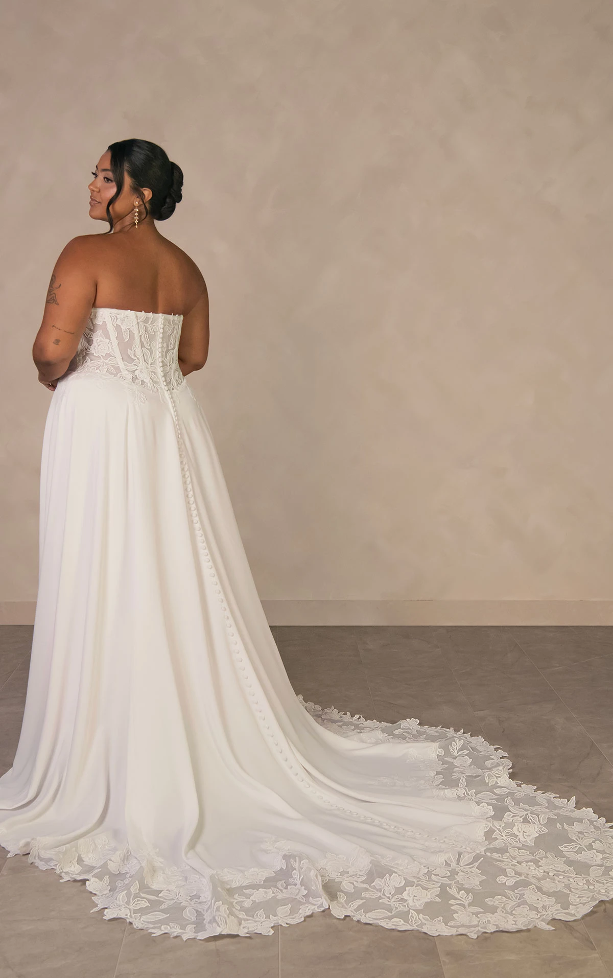 d4504+ Plus Size Minimalist Crepe A-line Wedding Dress with Sheer Lace Corset Back  by Essense of Australia