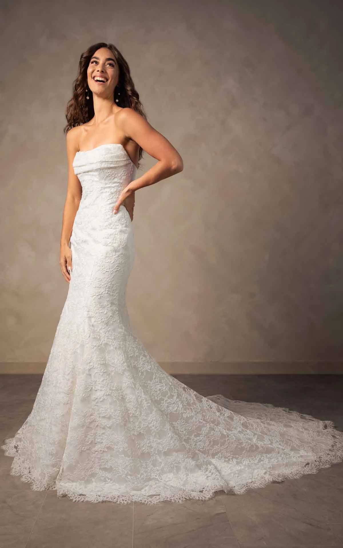 d4522 Romantic Allover Lace Fit-and-Flare Wedding Dress with Scalloped Train by Essense of Australia