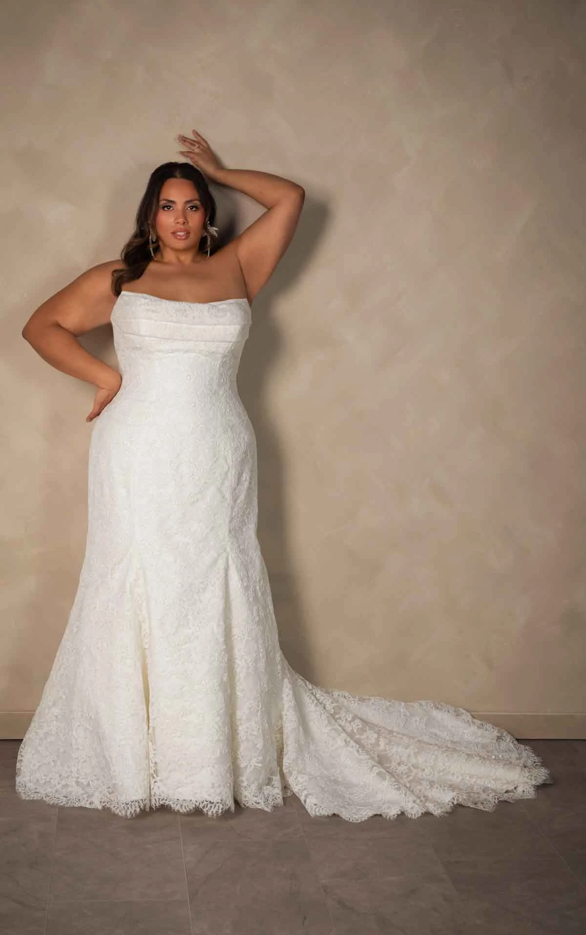d4522 Romantic Allover Lace Fit-and-Flare Wedding Dress with Scalloped Train by Essense of Australia