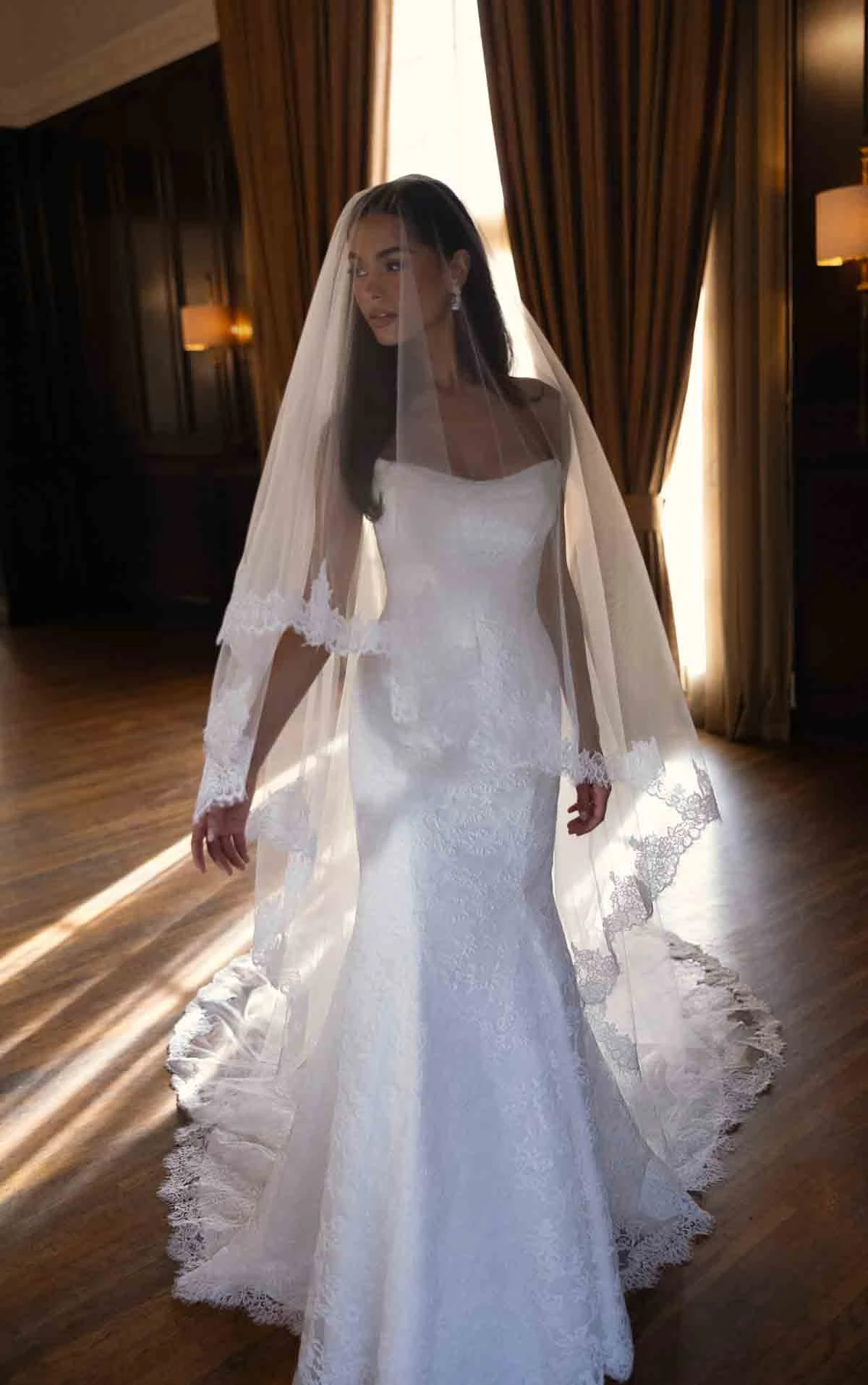 d4522 Romantic Allover Lace Fit-and-Flare Wedding Dress with Scalloped Train by Essense of Australia