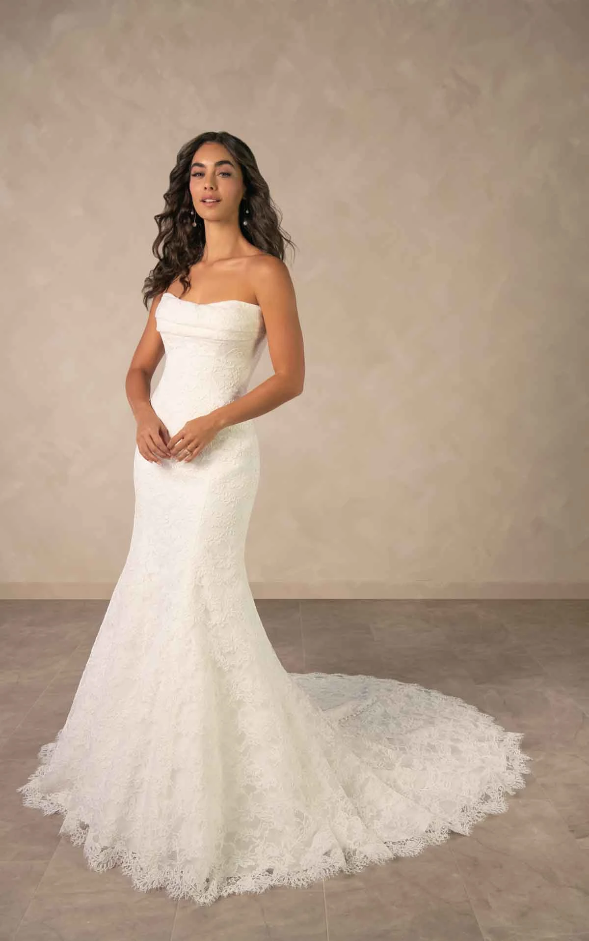 d4522 Romantic Allover Lace Fit-and-Flare Wedding Dress with Scalloped Train by Essense of Australia