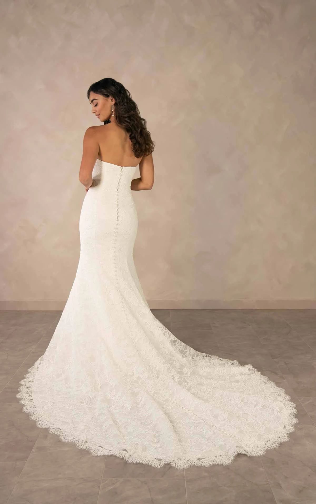 d4522 Romantic Allover Lace Fit-and-Flare Wedding Dress with Scalloped Train by Essense of Australia