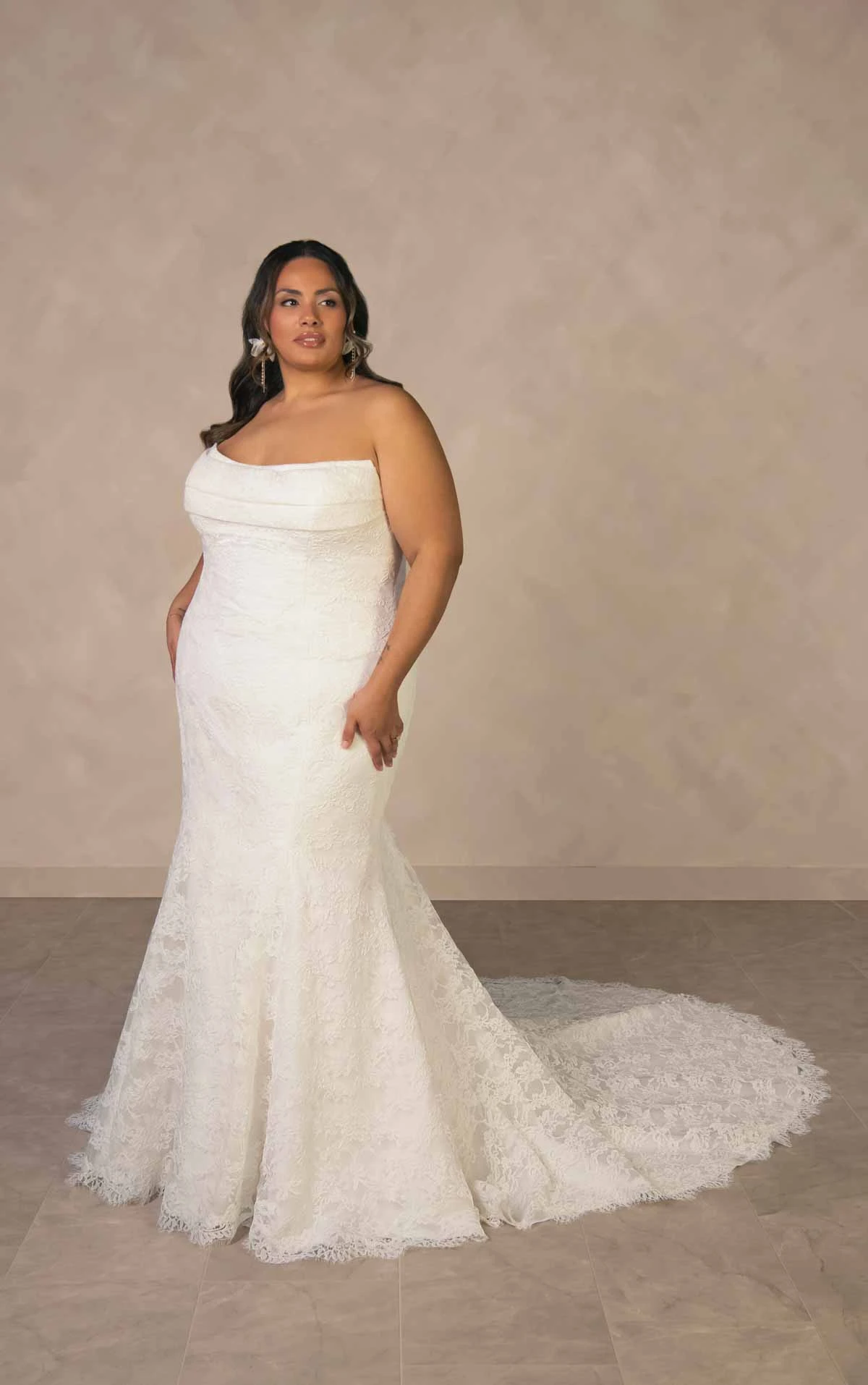 d4522+ Plus Size Romantic Allover Lace Fit-and-Flare Wedding Dress with Scalloped Train by Essense of Australia
