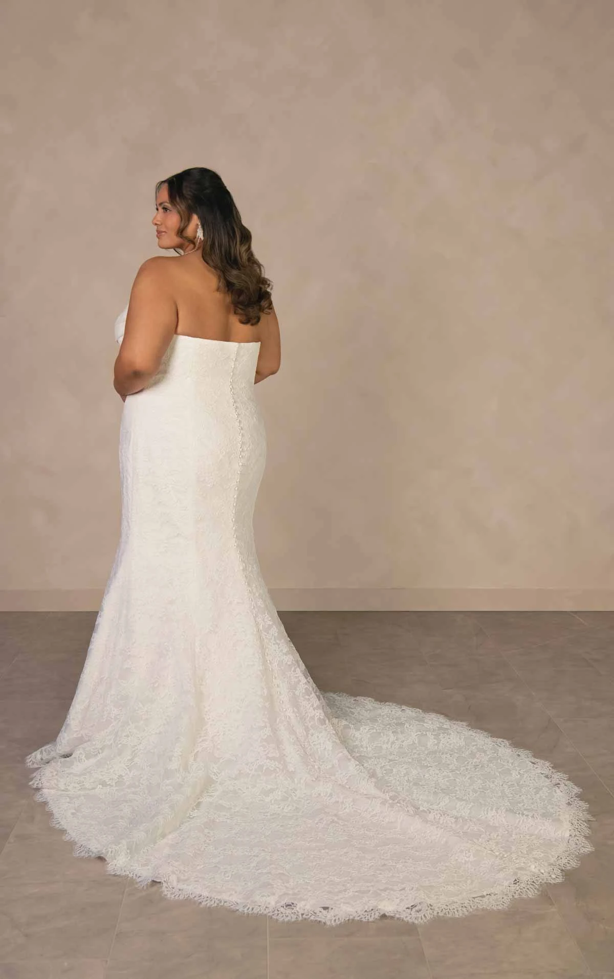 d4522+ Plus Size Romantic Allover Lace Fit-and-Flare Wedding Dress with Scalloped Train by Essense of Australia