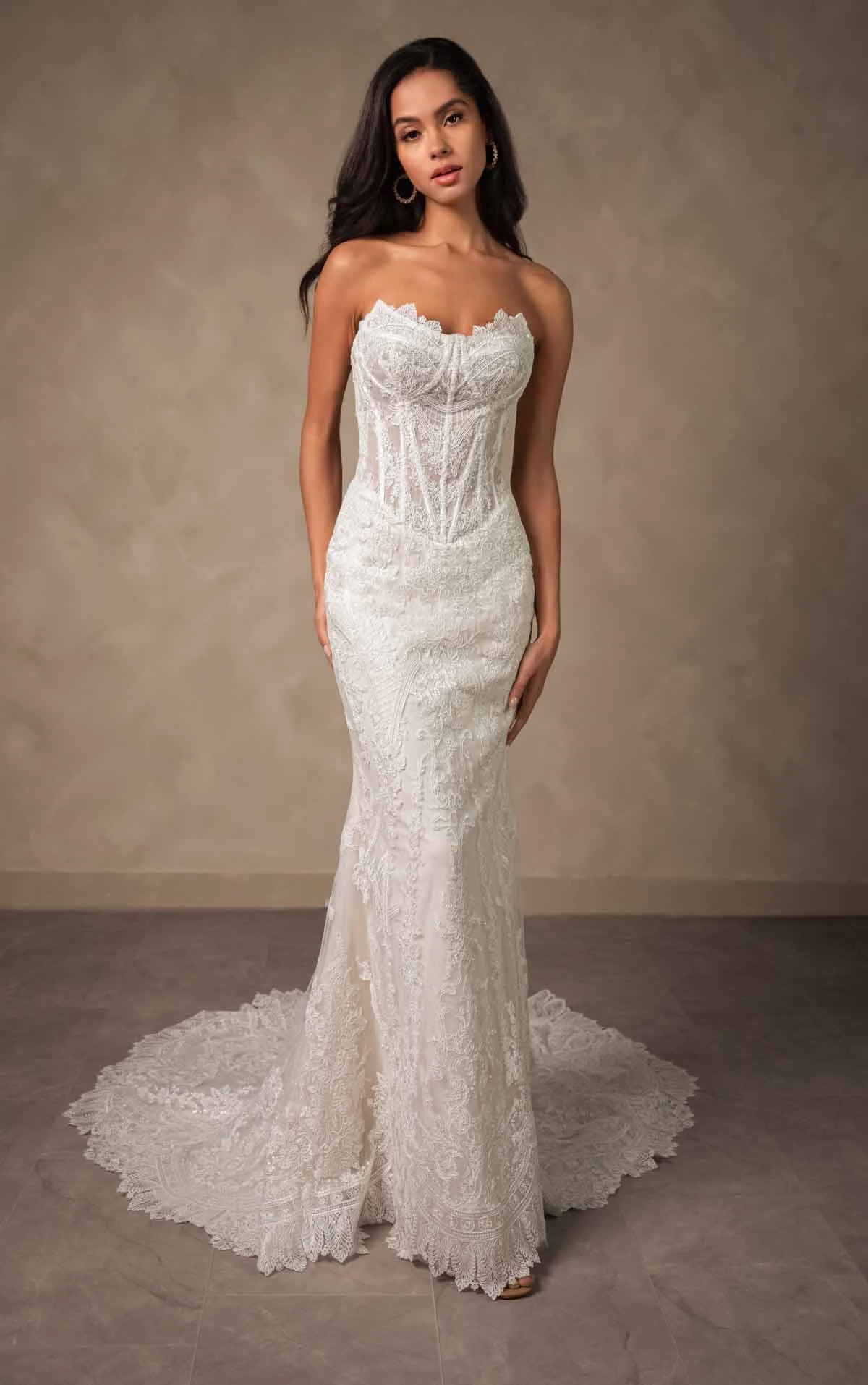 d4541 Glamourous Lace and Sequin Fit-and-Flare Wedding Dress with Corset Bodice by Essense of Australia