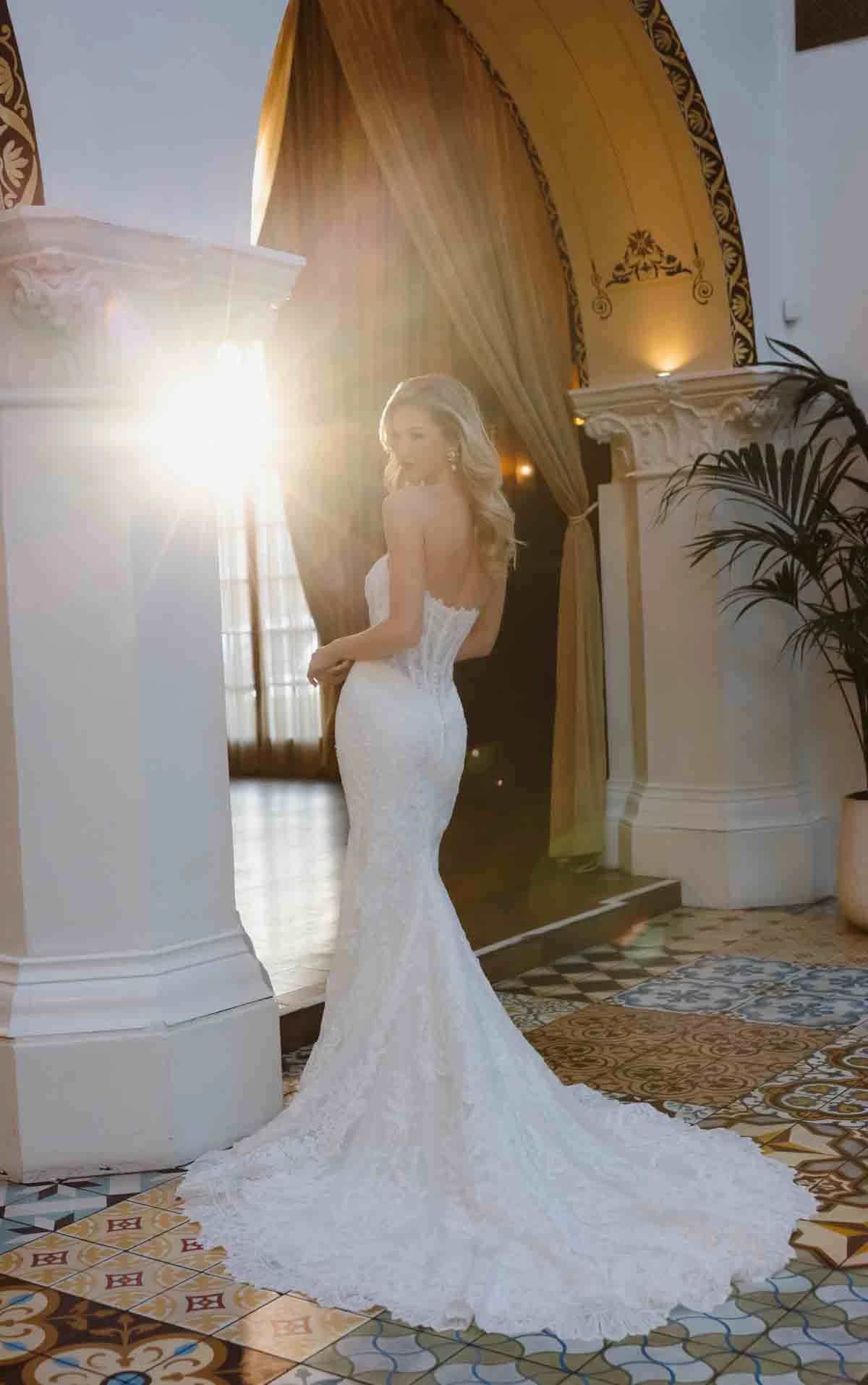d4541 Glamourous Lace and Sequin Fit-and-Flare Wedding Dress with Corset Bodice by Essense of Australia