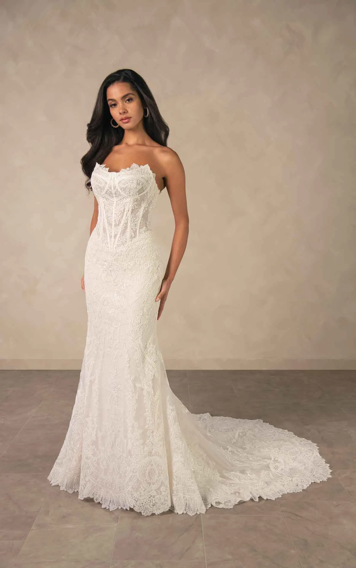 d4541 Glamourous Lace and Sequin Fit-and-Flare Wedding Dress with Corset Bodice by Essense of Australia