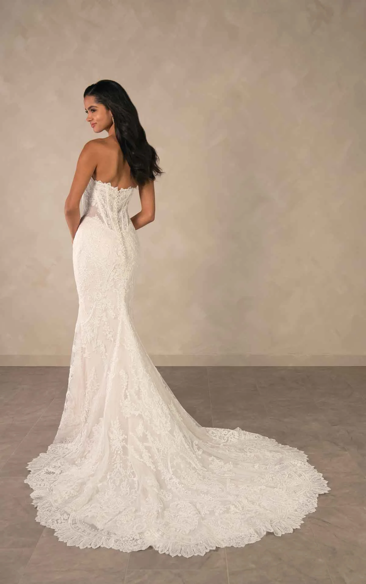 d4541 Glamourous Lace and Sequin Fit-and-Flare Wedding Dress with Corset Bodice by Essense of Australia