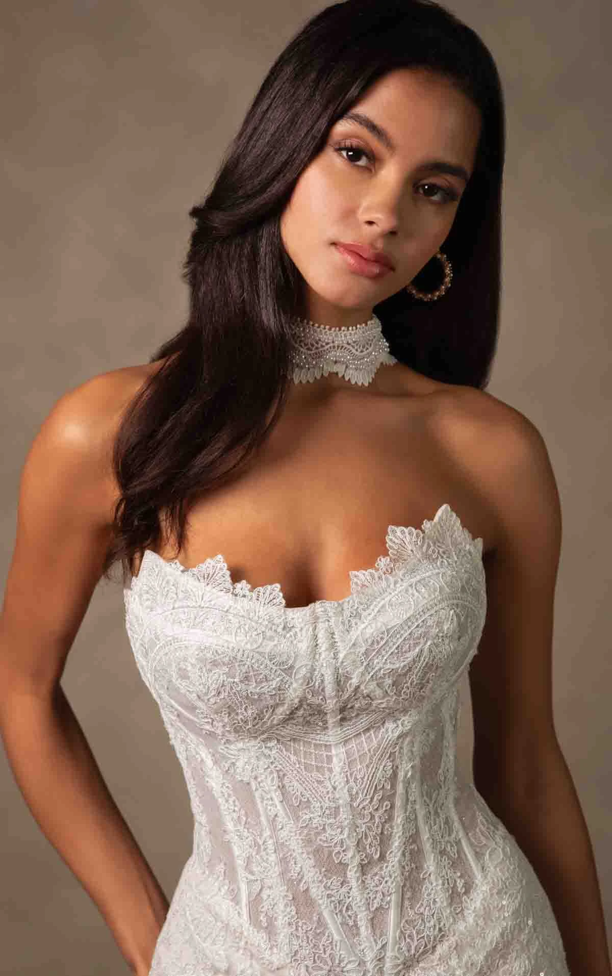 d4541 Glamourous Lace and Sequin Fit-and-Flare Wedding Dress with Corset Bodice by Essense of Australia