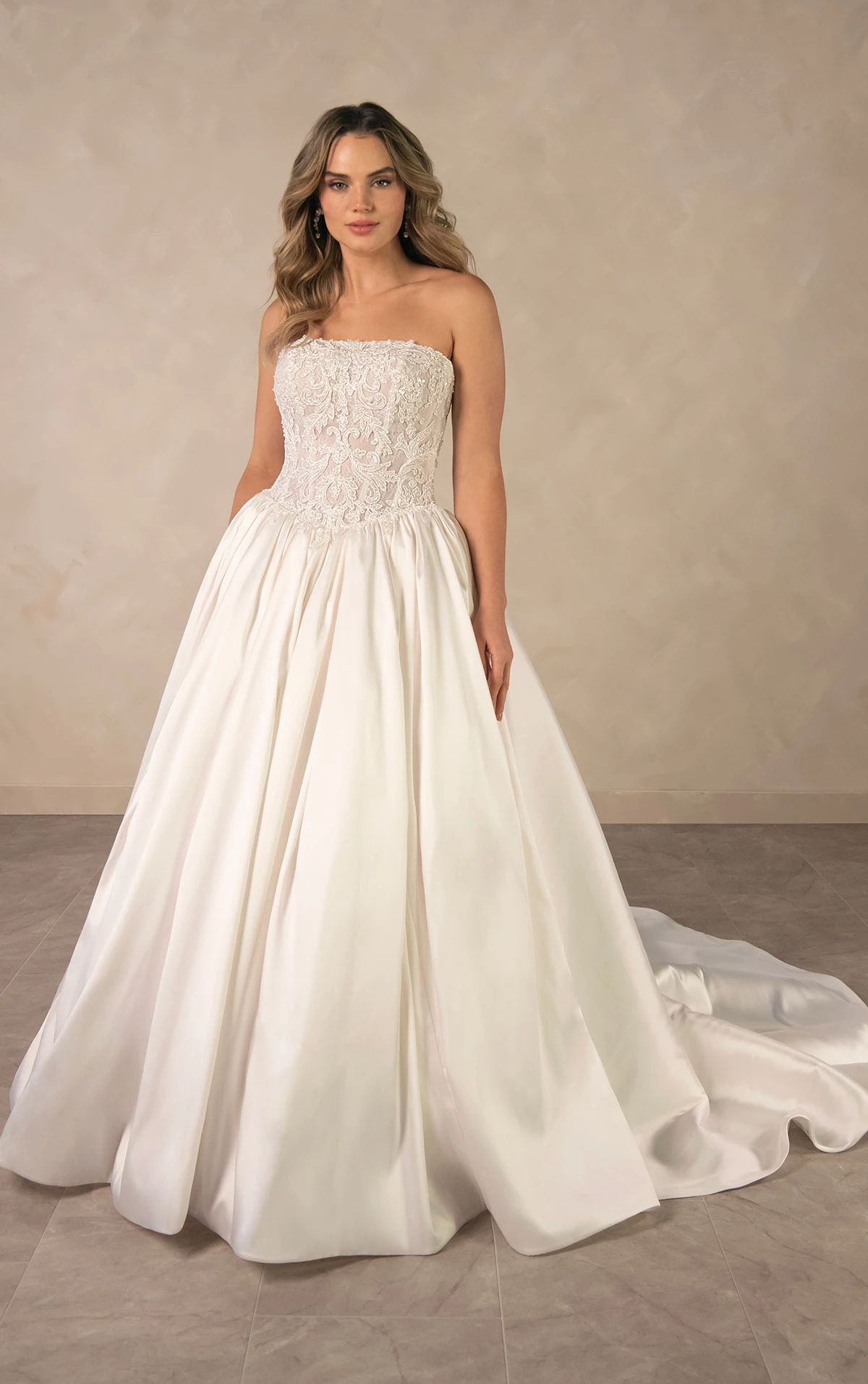 d4546 Couture Lace and Mikado Ballgown with Crystal-Beaded Bodice  by Essense of Australia
