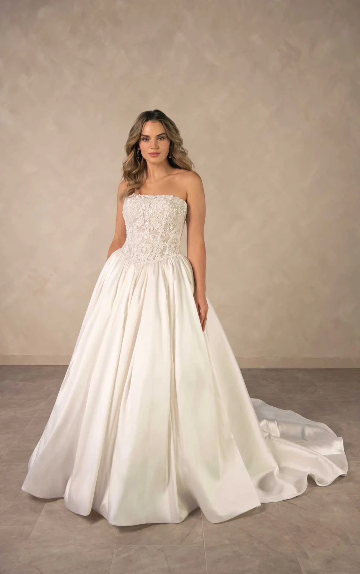 d4546 Couture Lace and Mikado Ballgown with Crystal-Beaded Bodice by Essense of Australia