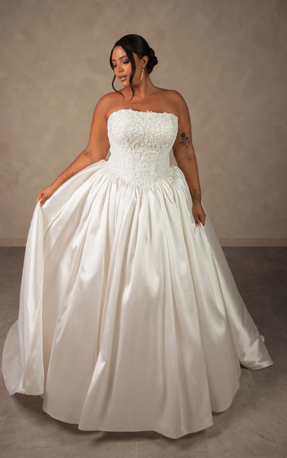 d4546+ Plus Size Couture Lace and Mikado Ballgown with Crystal-Beaded Bodice  by Essense of Australia