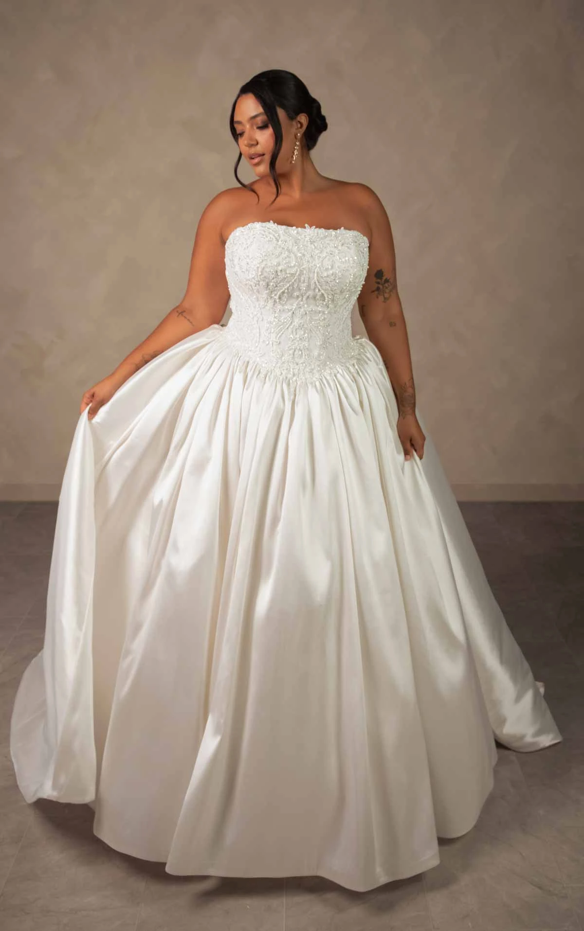 d4546+ Plus Size Couture Lace and Mikado Ballgown with Crystal-Beaded Bodice by Essense of Australia