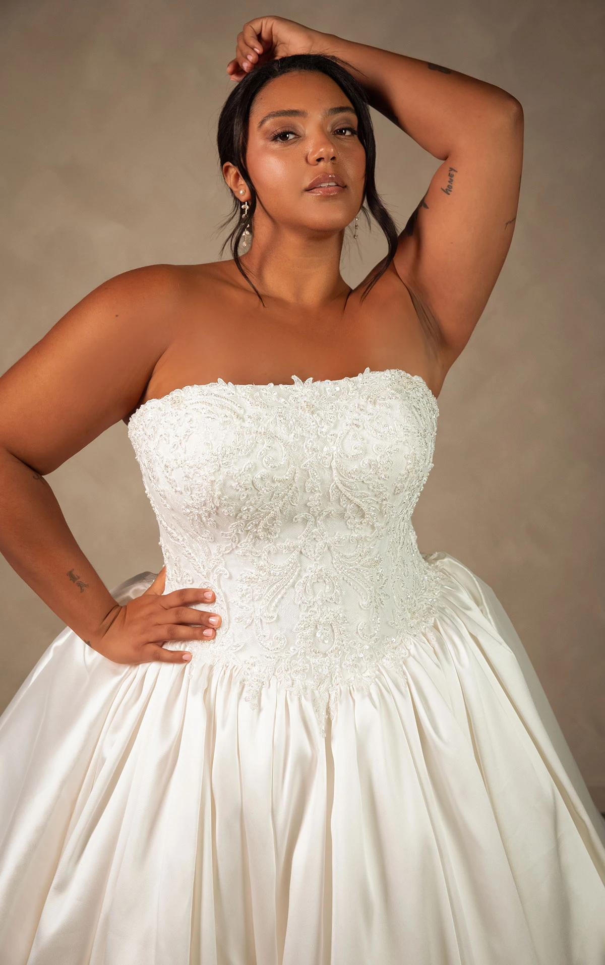 d4546+ Plus Size Couture Lace and Mikado Ballgown with Crystal-Beaded Bodice  by Essense of Australia