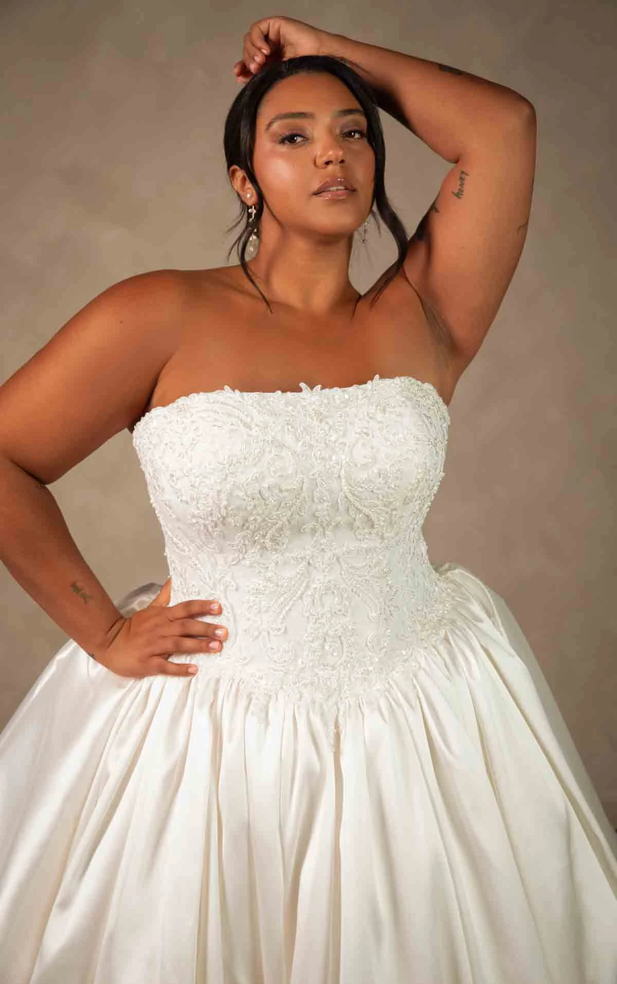 d4546+ Plus Size Couture Lace and Mikado Ballgown with Crystal-Beaded Bodice by Essense of Australia